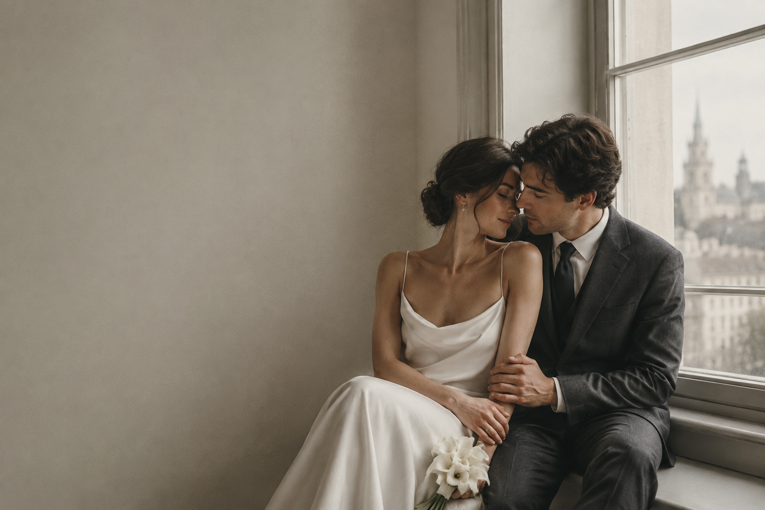 An intimate newlywed couple sharing a quiet moment in soft natural window light