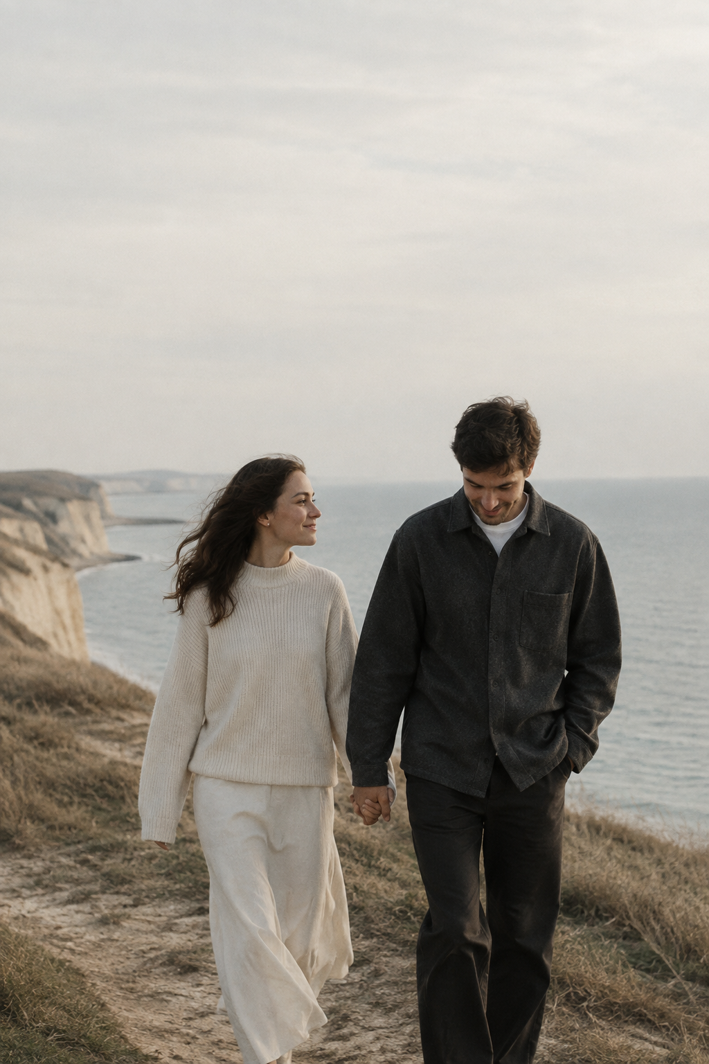 Couple walking hand in hand along a pale windswept shoreline