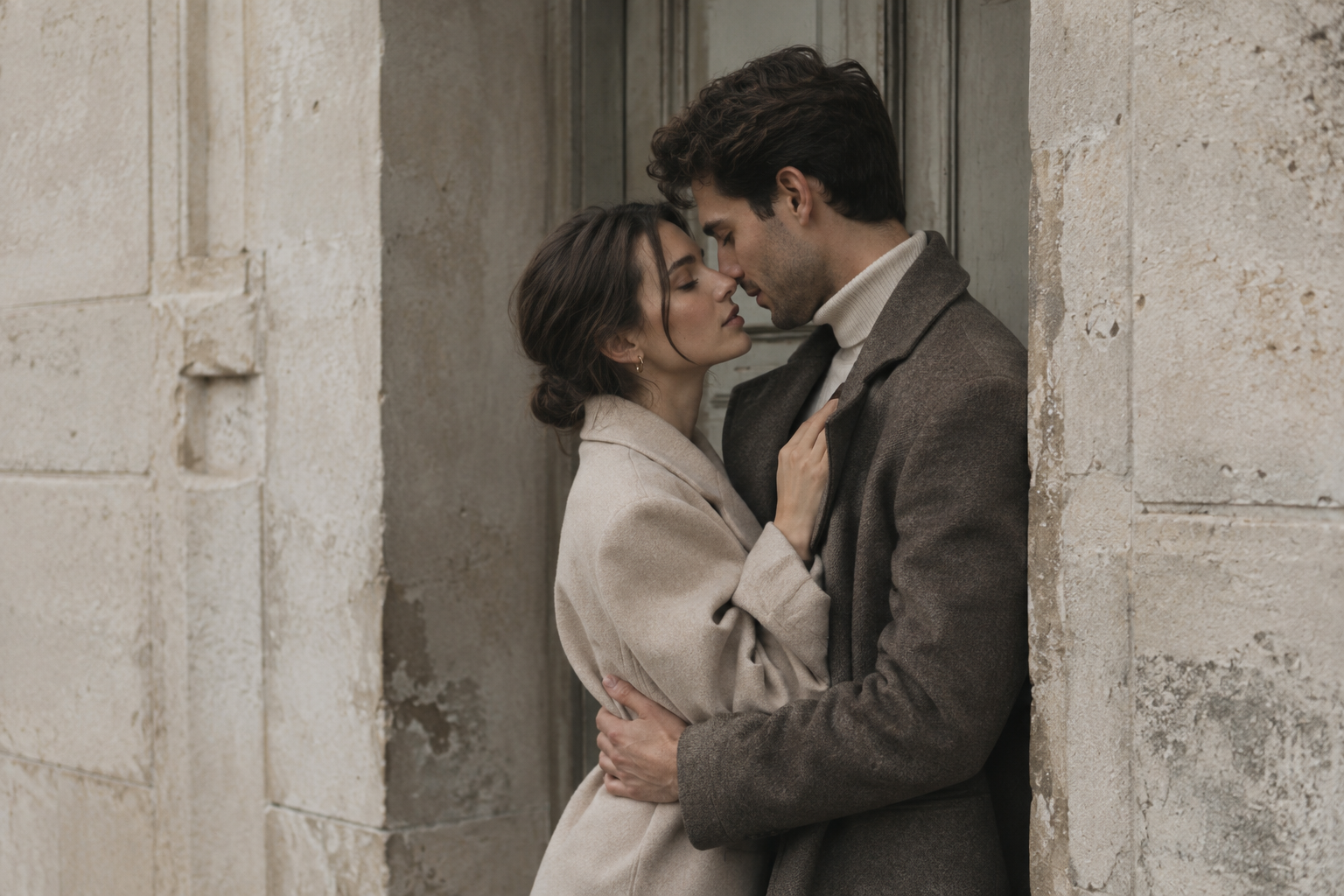 Couple in tailored neutral clothing embracing in a softly lit Kyiv stone doorway