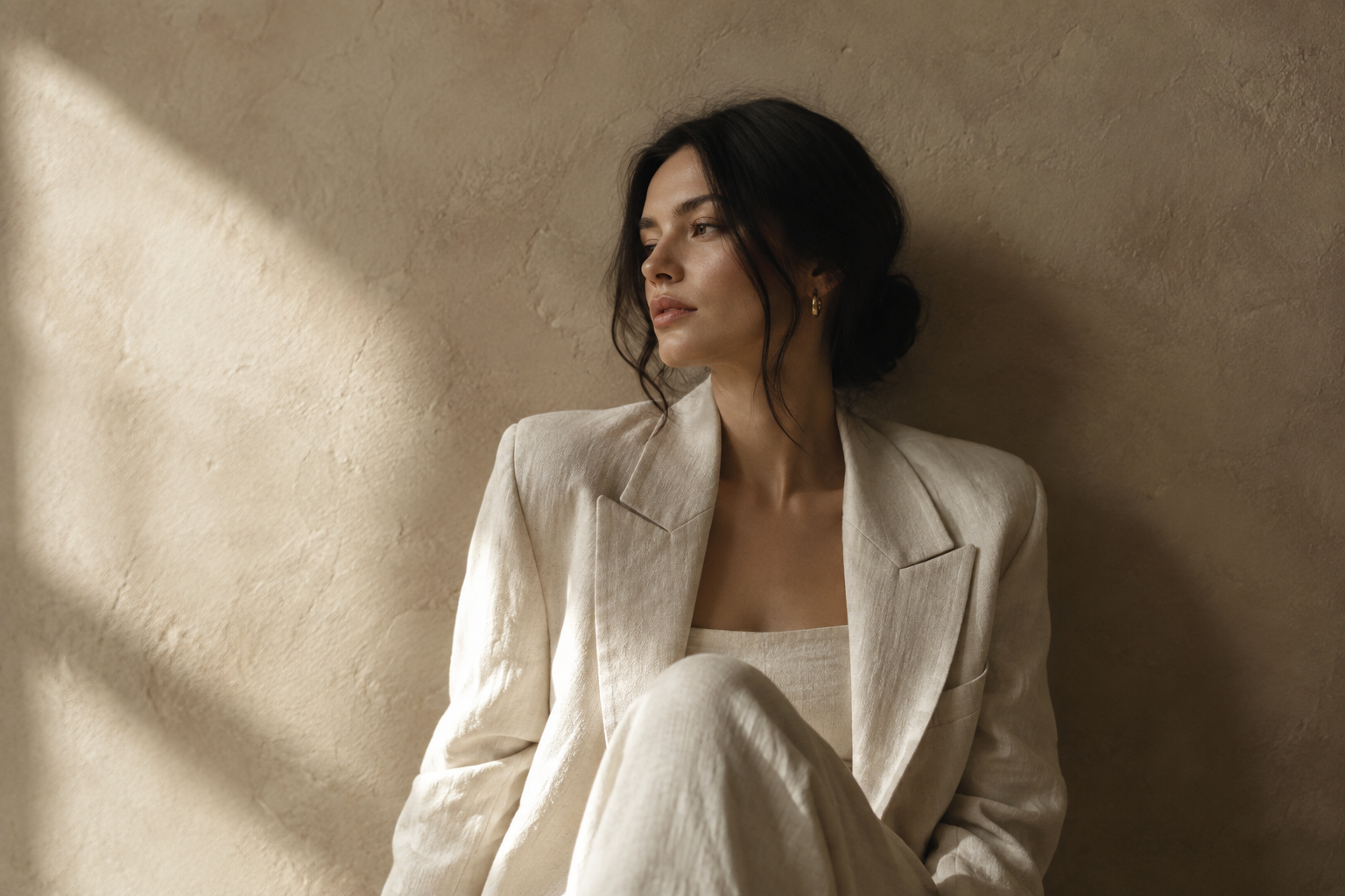 Editorial portrait of a woman in sculptural cream linen against a textured plaster wall