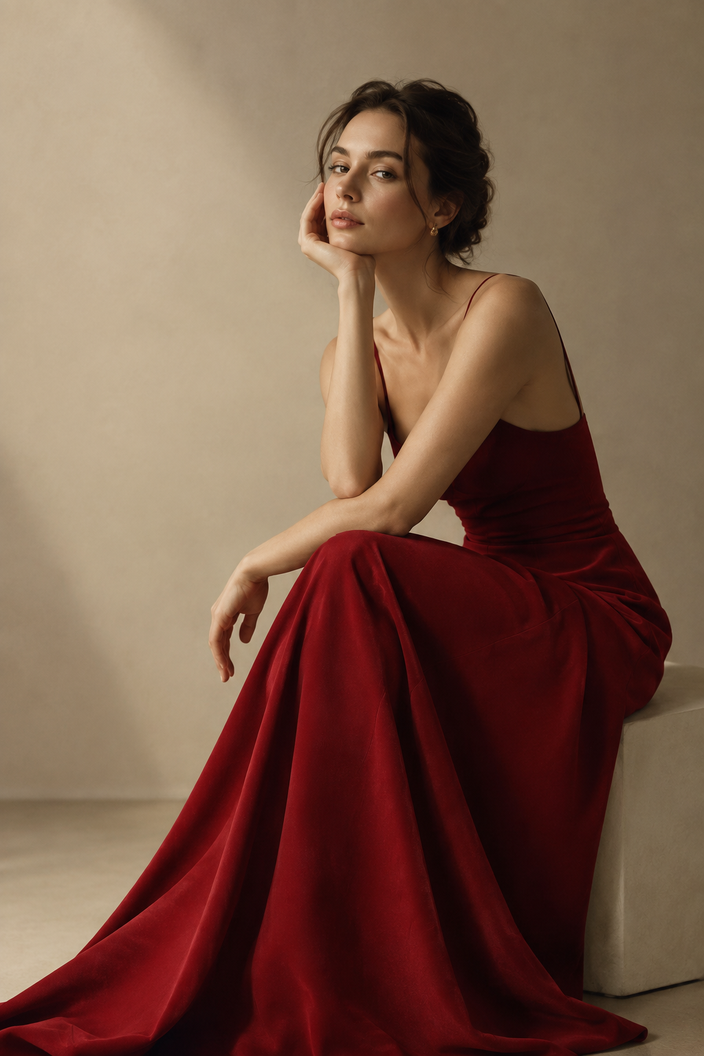 Fashion portrait of a model in a deep red dress seated in a minimal studio