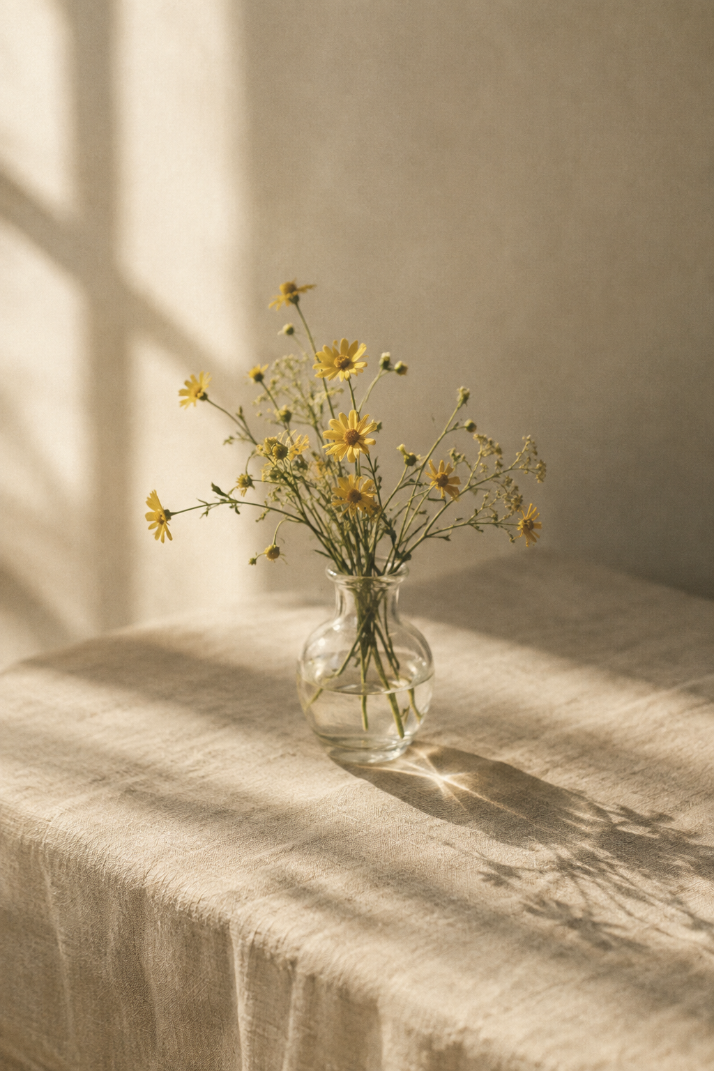 Soft grain film still life of small yellow flowers in a clear glass vase