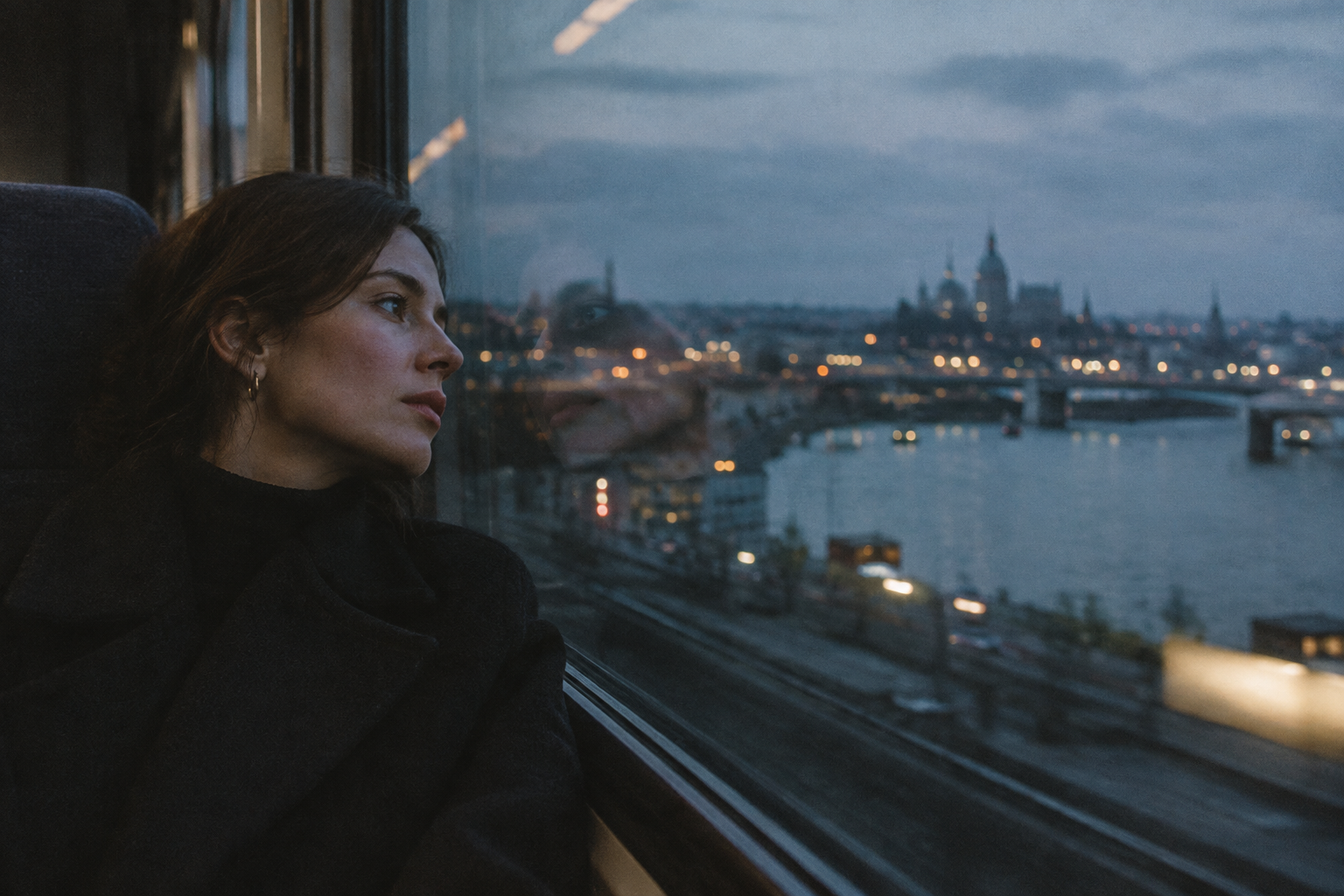 Grainy film photograph of a woman reflected in a train window at blue hour