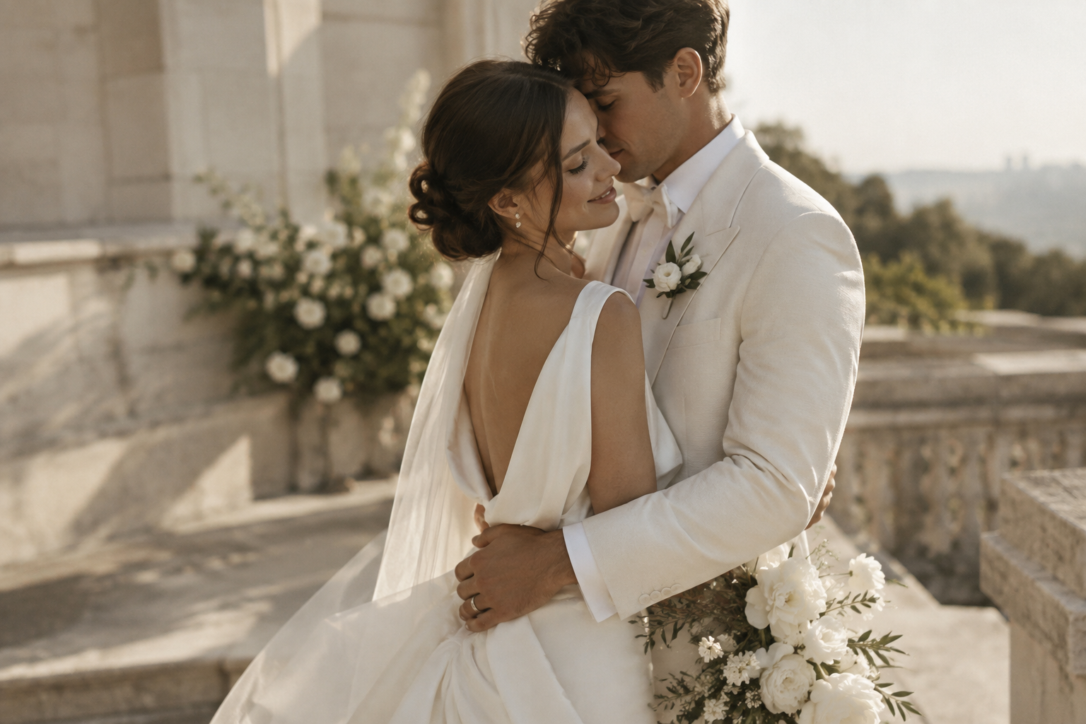 Bride and groom embracing beneath soft sunlight after an outdoor ceremony