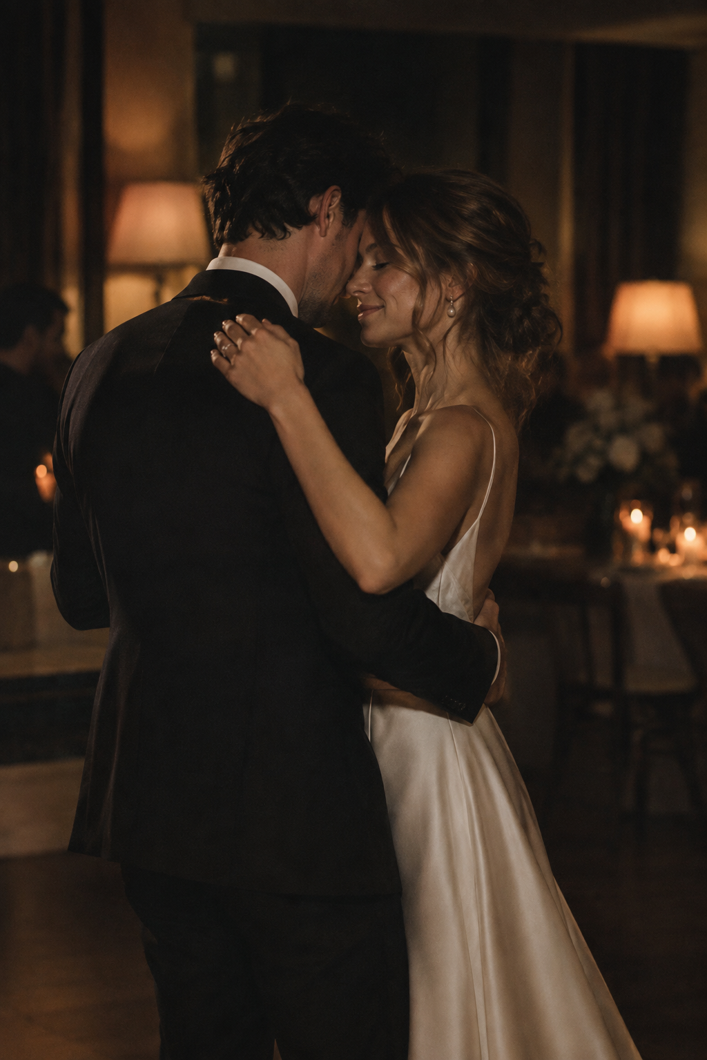 Newlywed couple dancing under warm evening lights in an intimate reception room