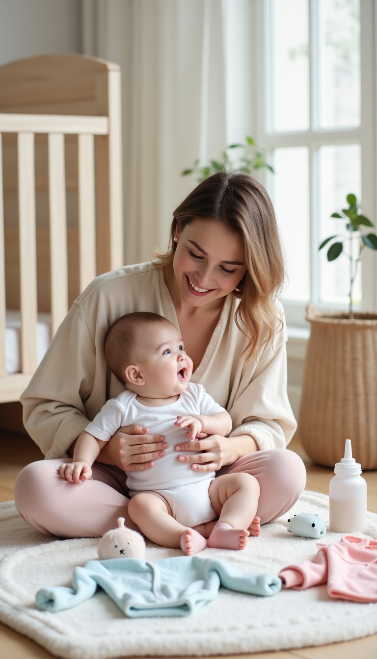 Smiling parent with baby on a soft pastel nursery floor, surrounded by baby clothes, plush toys, and gentle care items