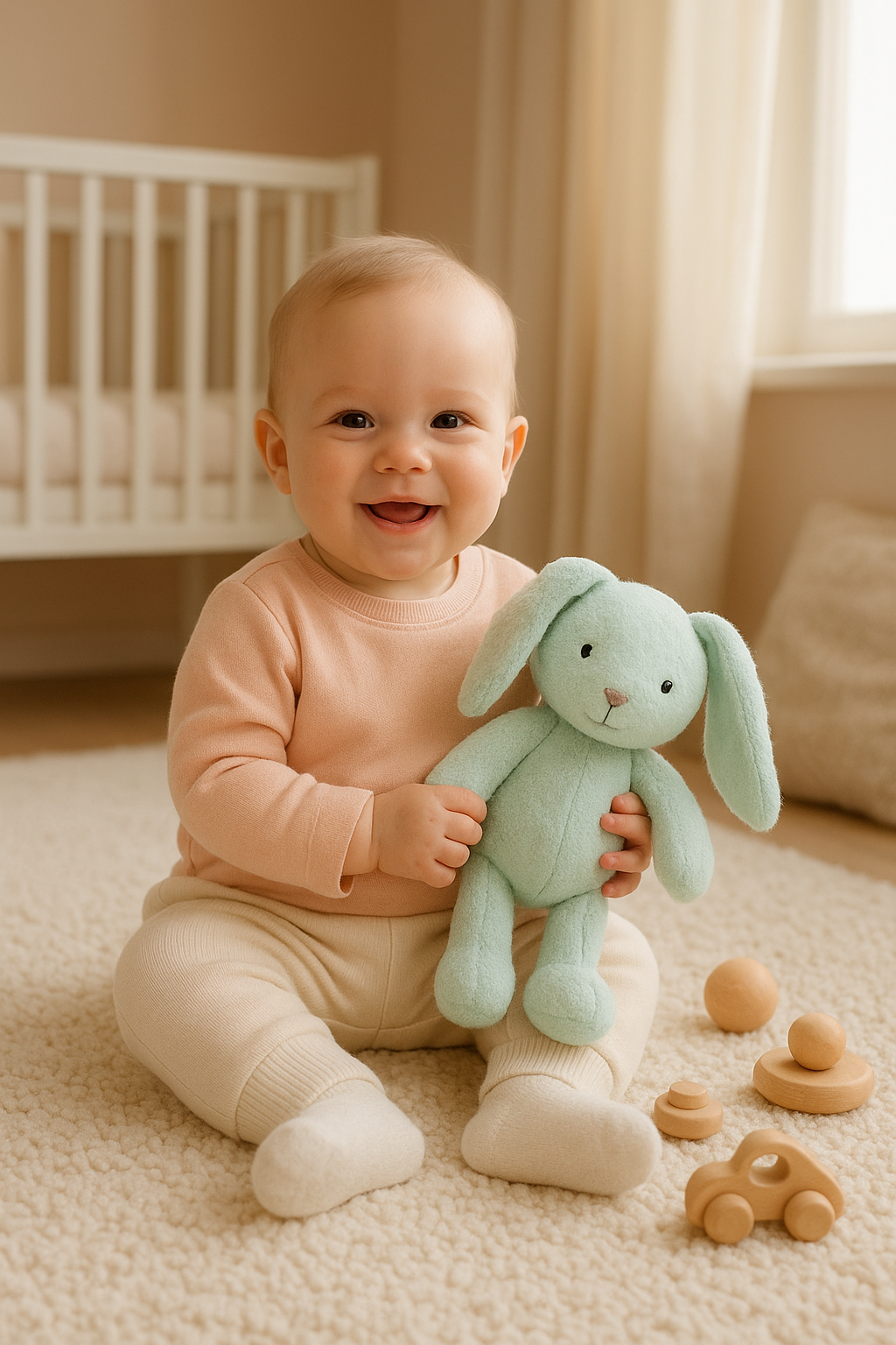 Smiling baby in a soft pastel outfit playing with plush toys in a cozy nursery
