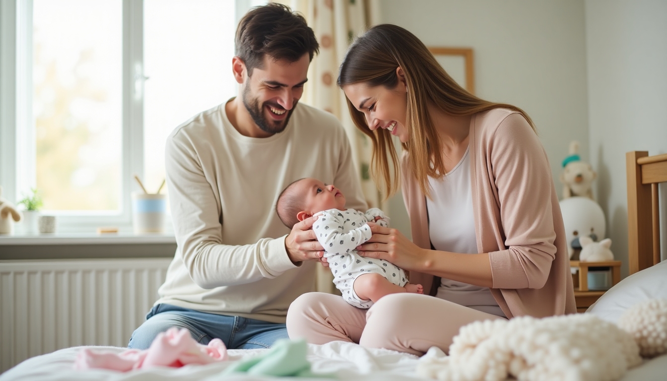 Smiling parents dressing their baby in a cozy nursery during a calm morning routine