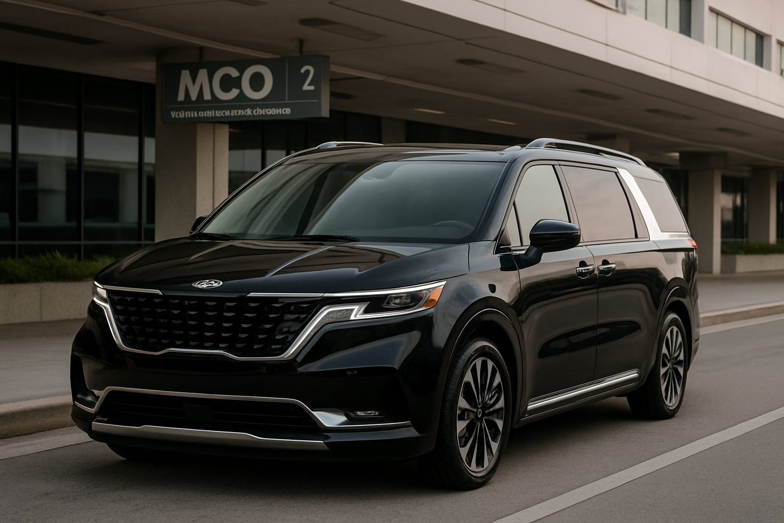 Black luxury 2025 Kia Carnival style minivan at MCO airport pickup area