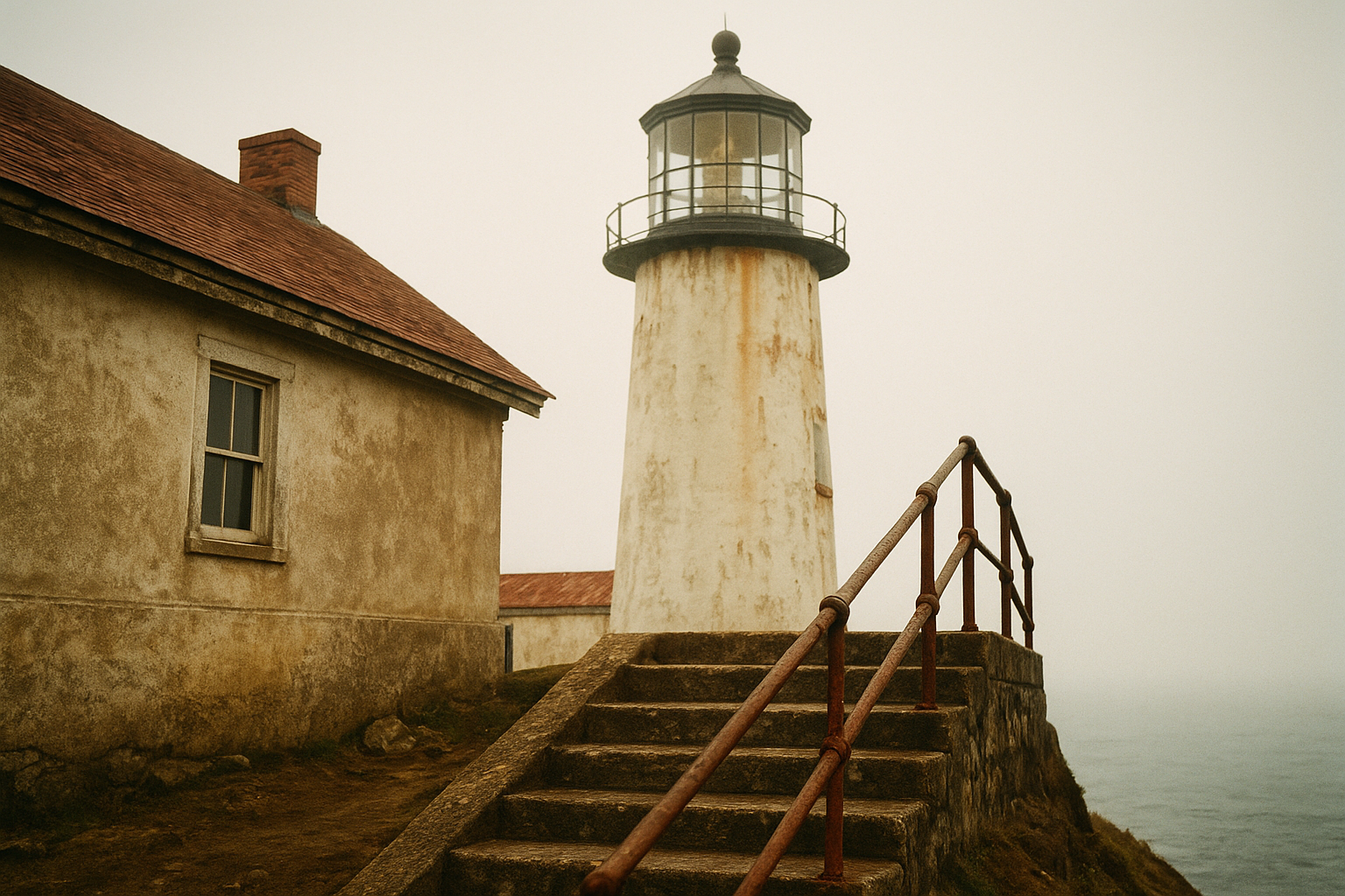Warm-toned archival photograph of a weathered lighthouse station on the northern coast, with stone steps, iron railings, and sea mist behind the lantern tower
