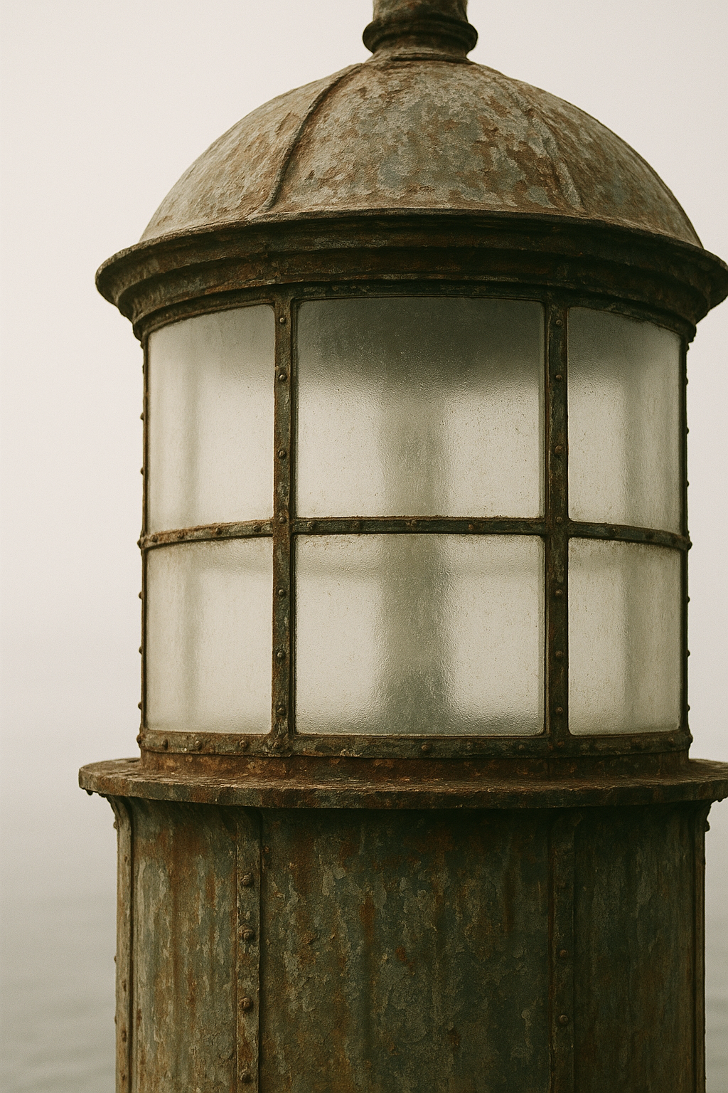 Documentary archival detail of a weathered lighthouse lantern room window with salt-worn metal framing and soft coastal light