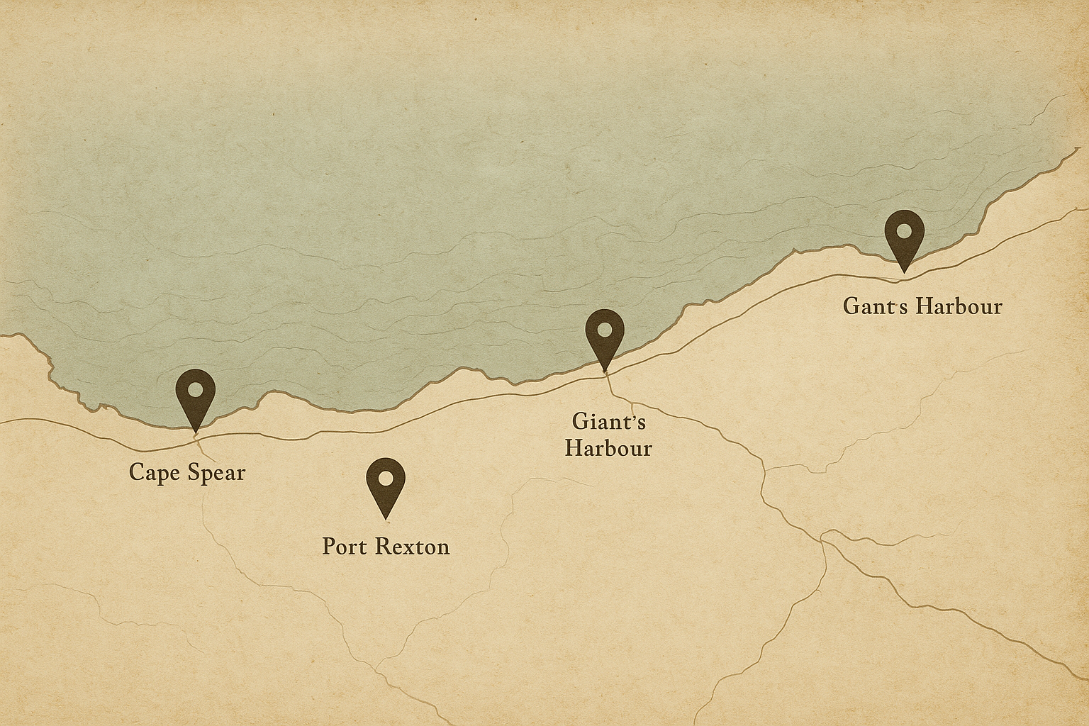 Illustrated coastal reference map with preserved lighthouse markers, soft route linework, and restrained archival labels