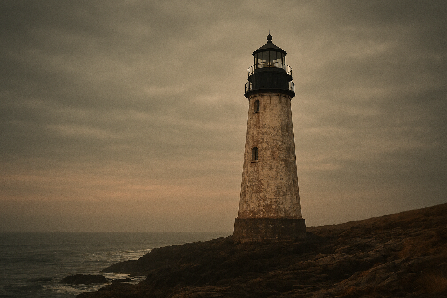 Northern-coast lighthouse on a rugged shoreline under a moody sky, warm film-photography tones, weathered stone tower, sea mist, and windswept coastal atmosphere