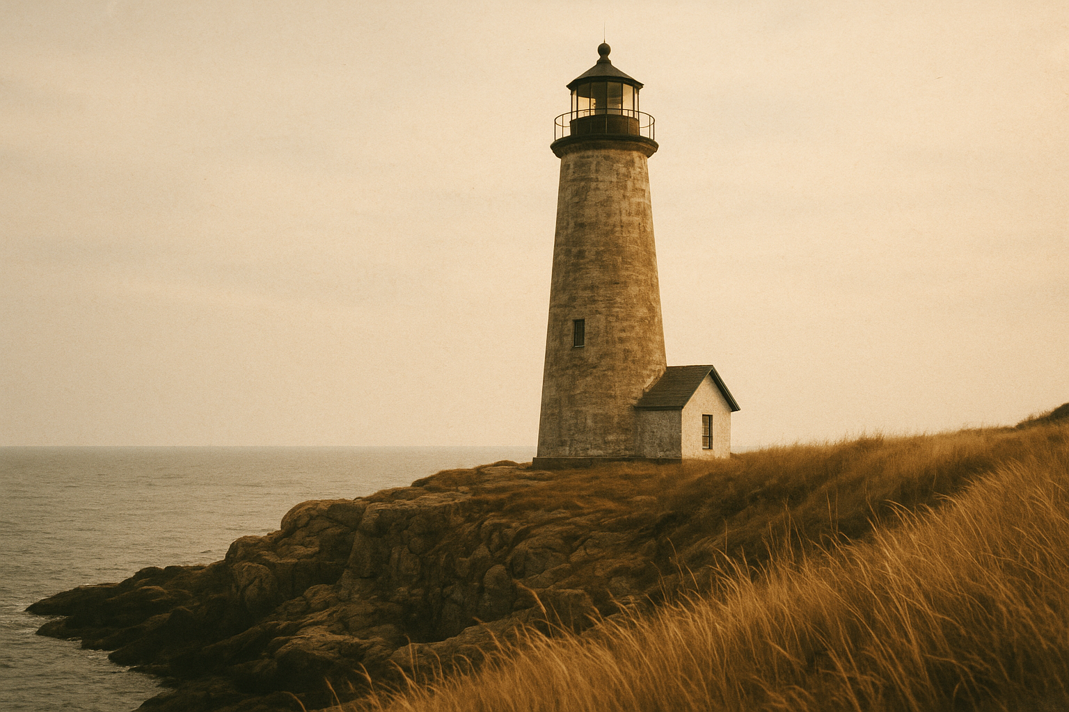 Documentary photograph of a weathered lighthouse station on a northern rocky coast under late-afternoon light