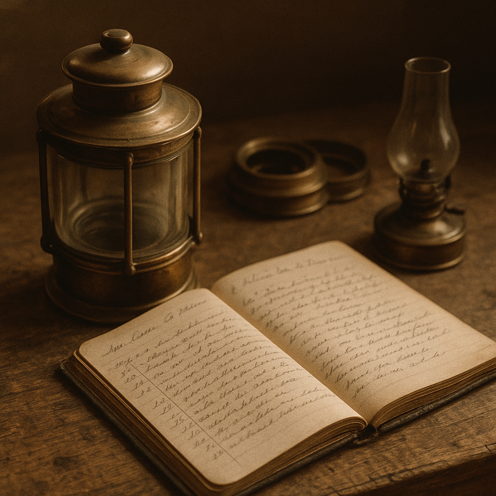 Close study image of lighthouse keeper tools beside a lantern lens on a wooden station table