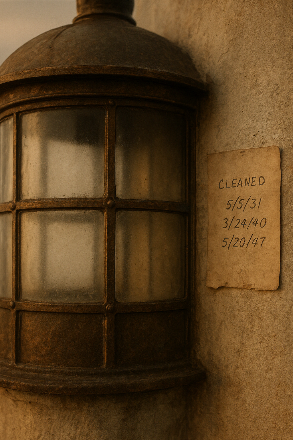Close archival detail of a lighthouse lantern room with weathered brass framing and handwritten maintenance notes
