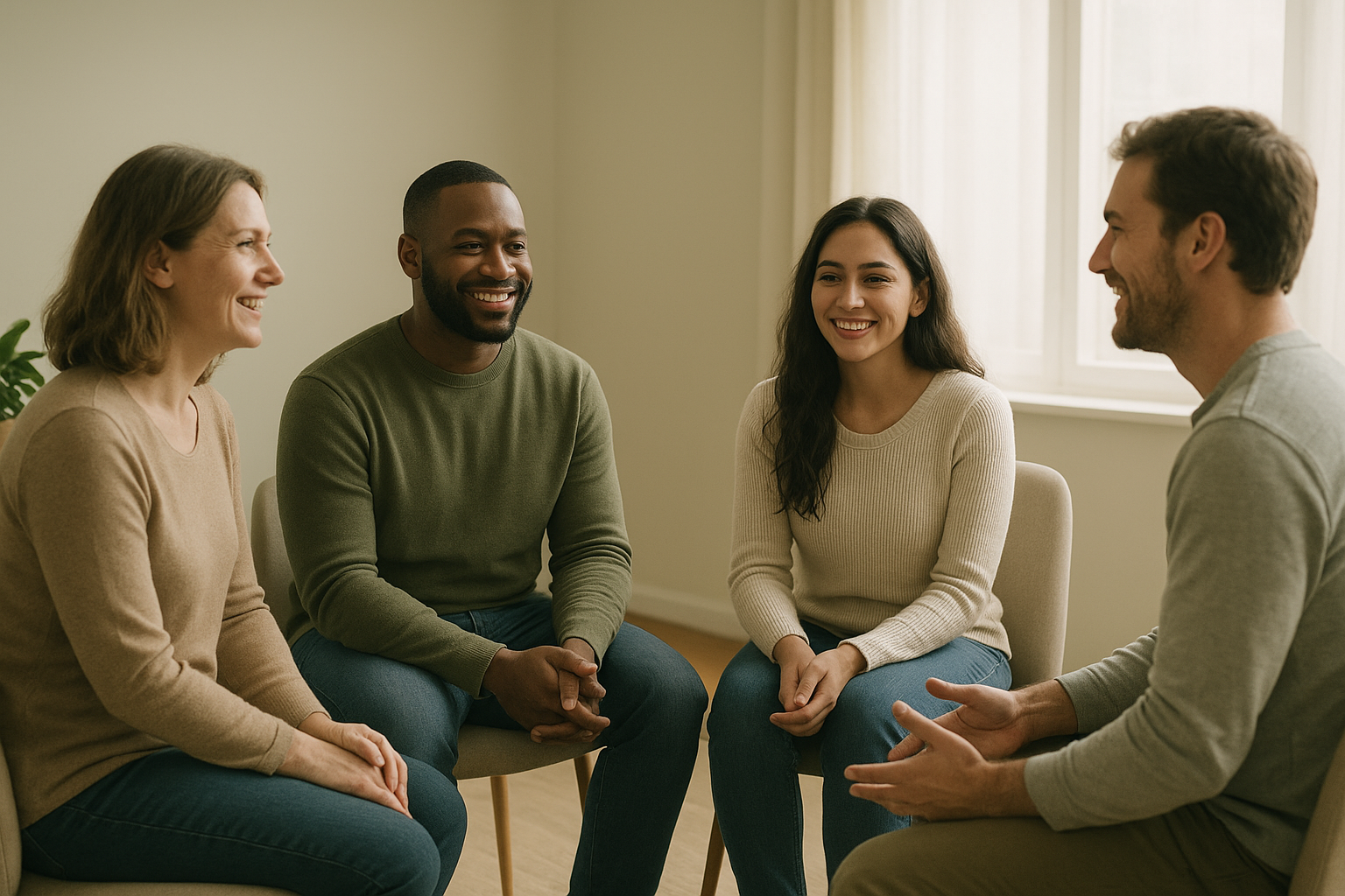 A diverse group of adults sharing a supportive conversation in a cozy community room with soft green accents