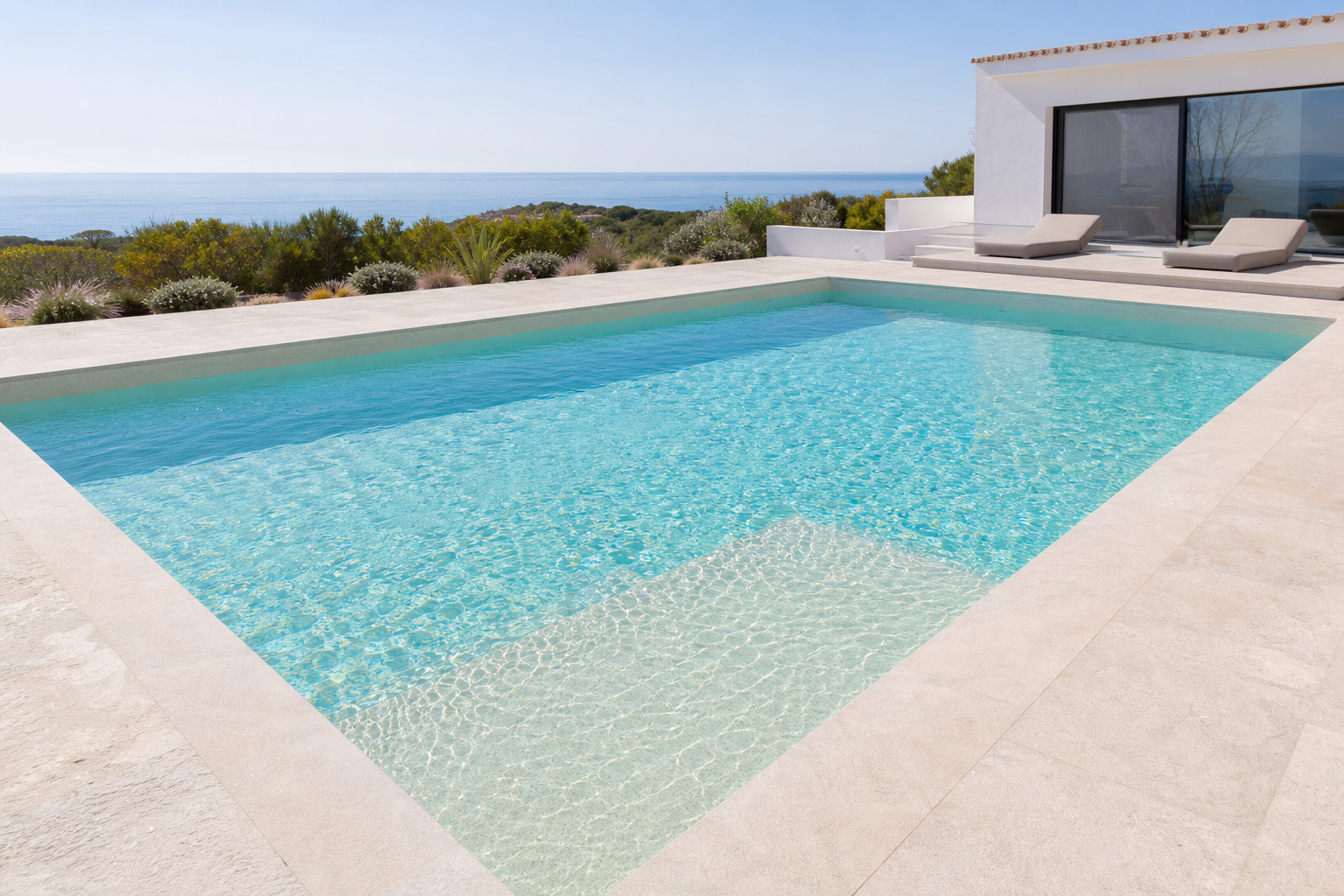 Piscina renovada com liner em tom areia atlântica suave e água translúcida