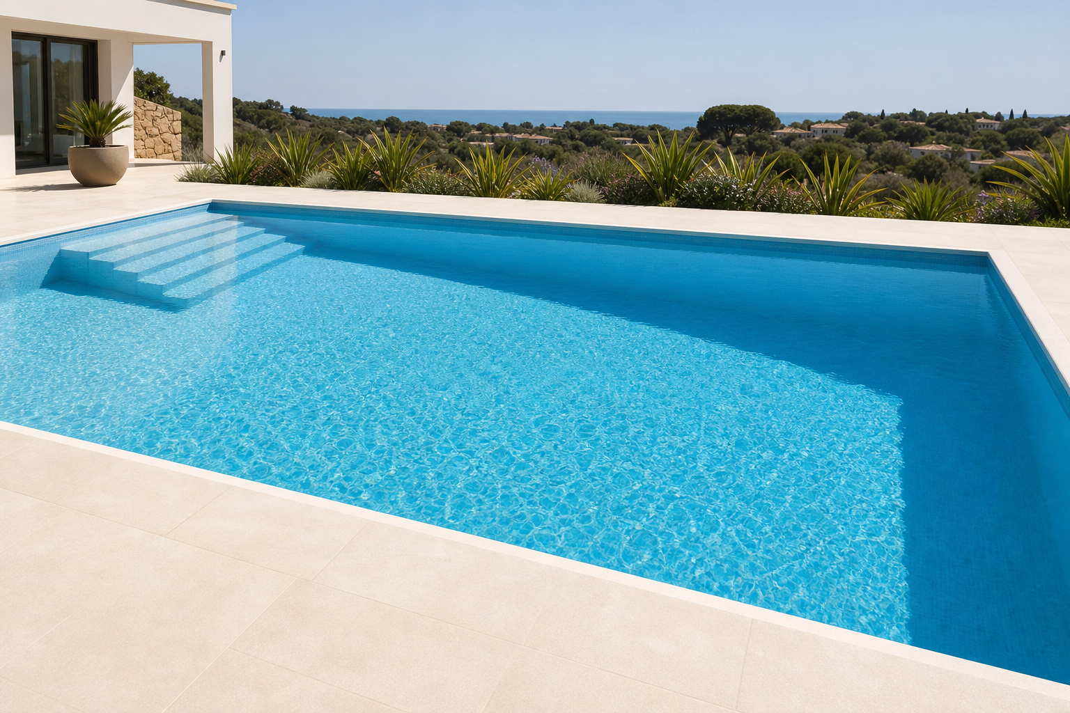 Piscina com acabamento azul lago sereno e aparência translúcida