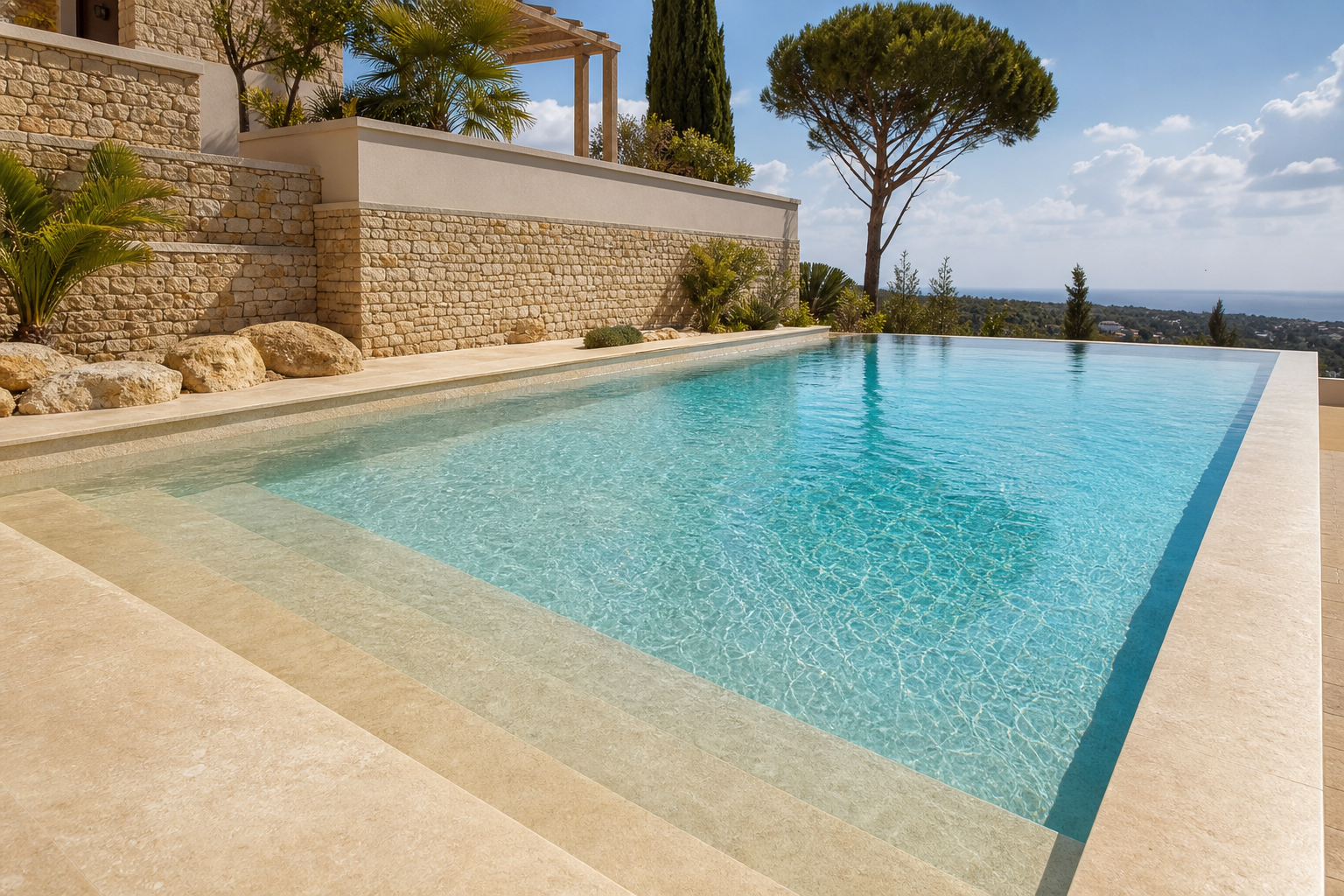 Piscina com acabamento bege travertino quente combinando com deck em pedra