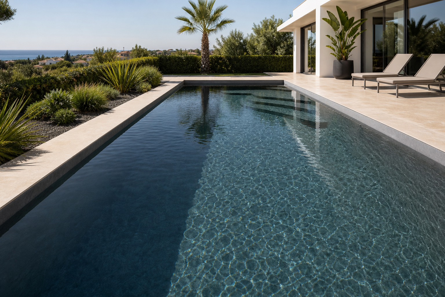 Piscina com acabamento cinza vulcânico contemporâneo e reflexo de água profunda
