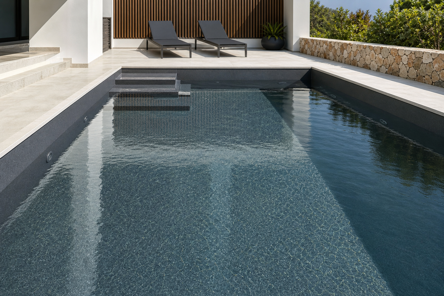 Piscina com acabamento grafite minimalista de estética urbana premium