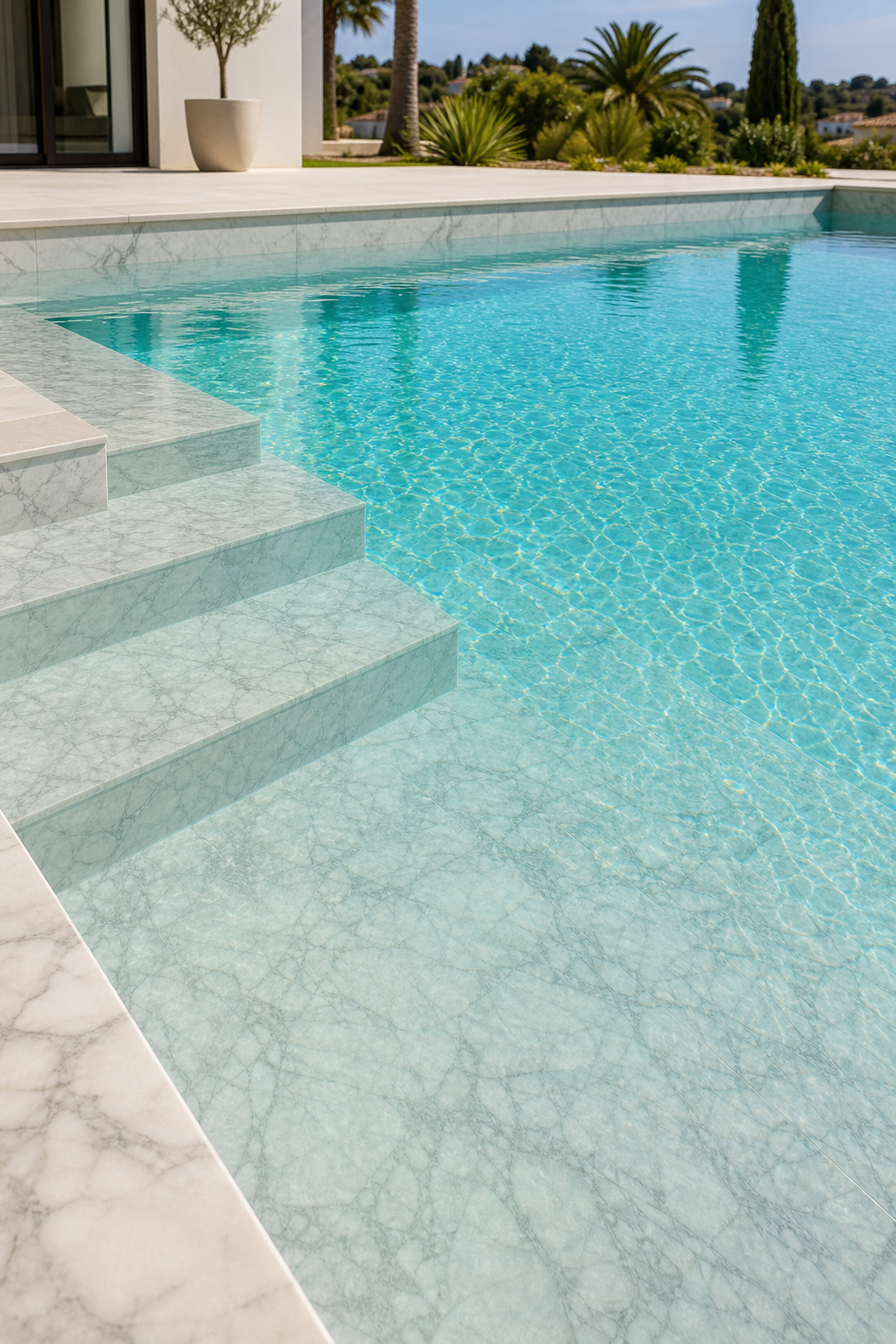 Piscina com acabamento claro mineral e reflexos suaves