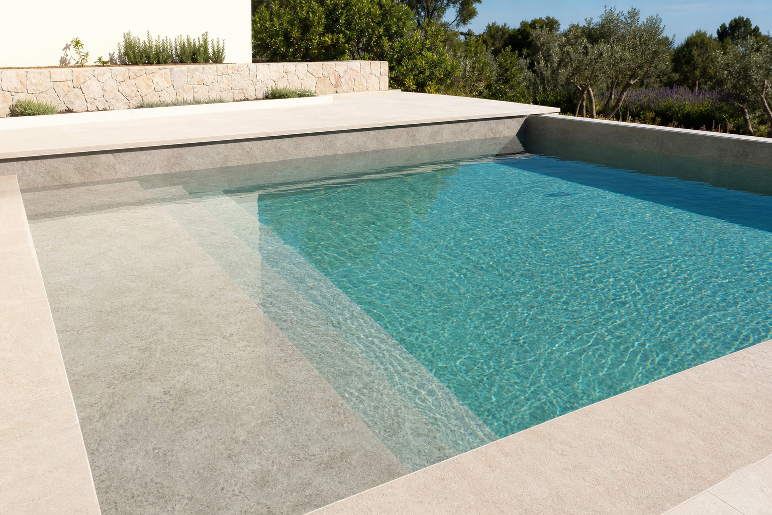 Piscina com acabamento pedra calçada premium de textura mineral