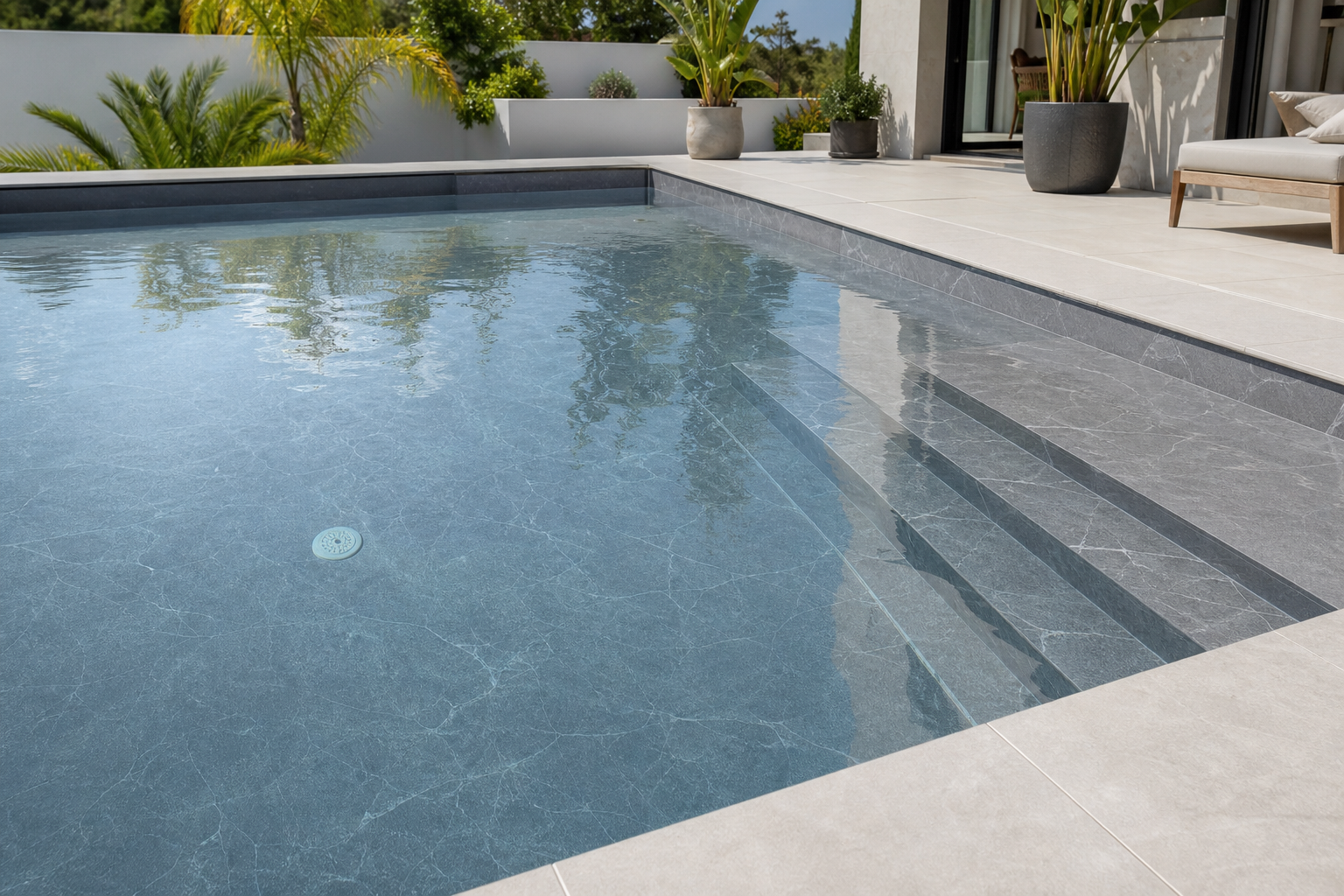 Smoked Quartz Grey reinforced PVC membrane finish with cool mid-grey base and translucent quartz-like veining