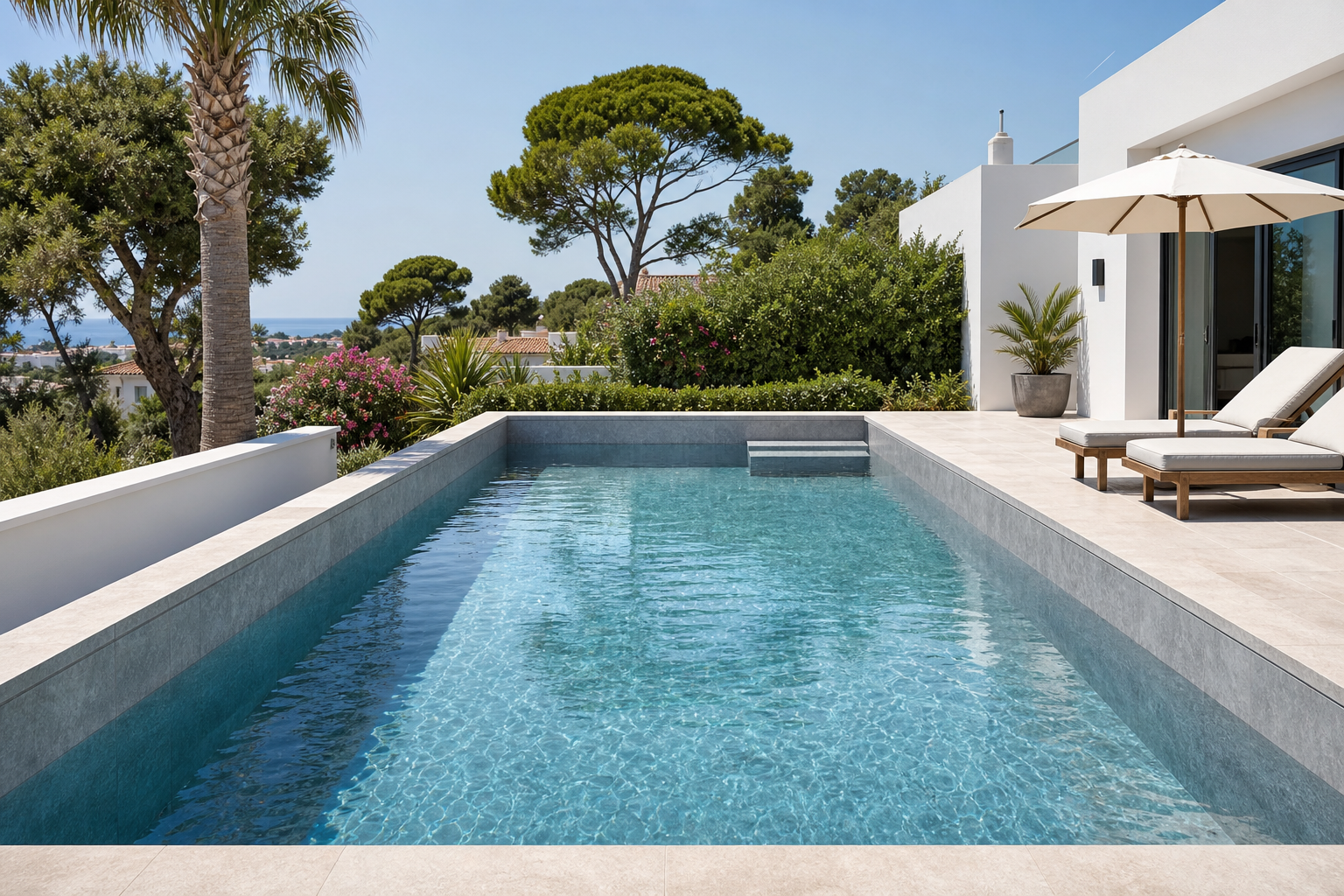 Wide architectural pool view lined with Stone Tile Grey membrane, showing subtle mineral pattern and clean geometric edges