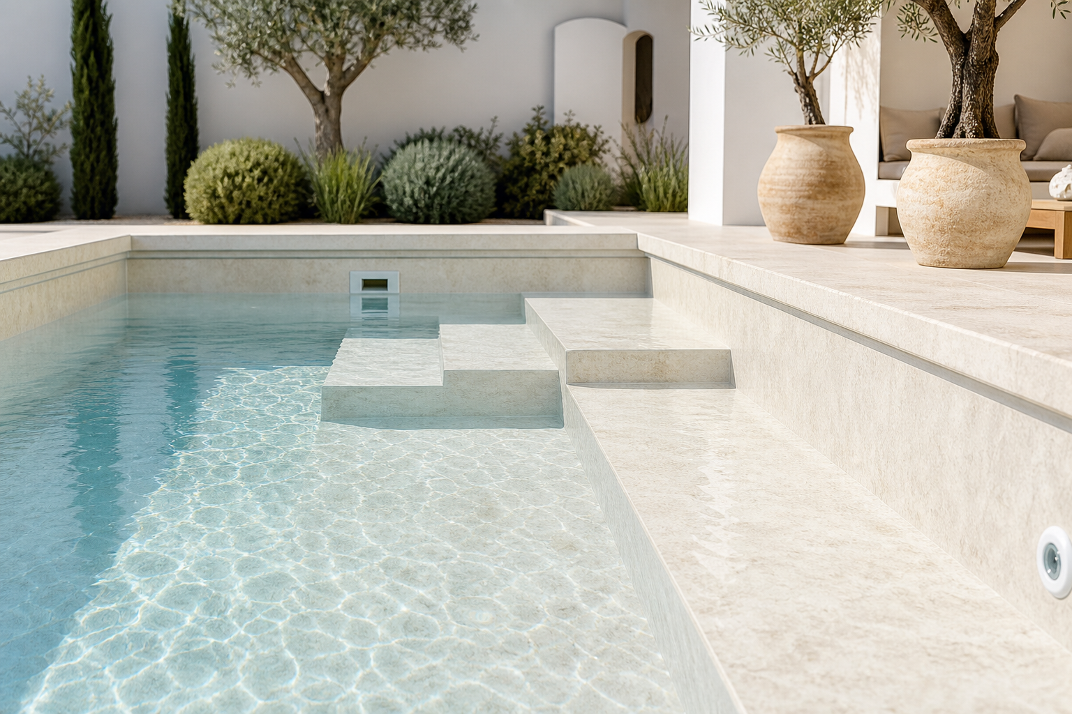 Travertine Ivory reinforced PVC finish with light cream color and soft sediment-inspired pattern