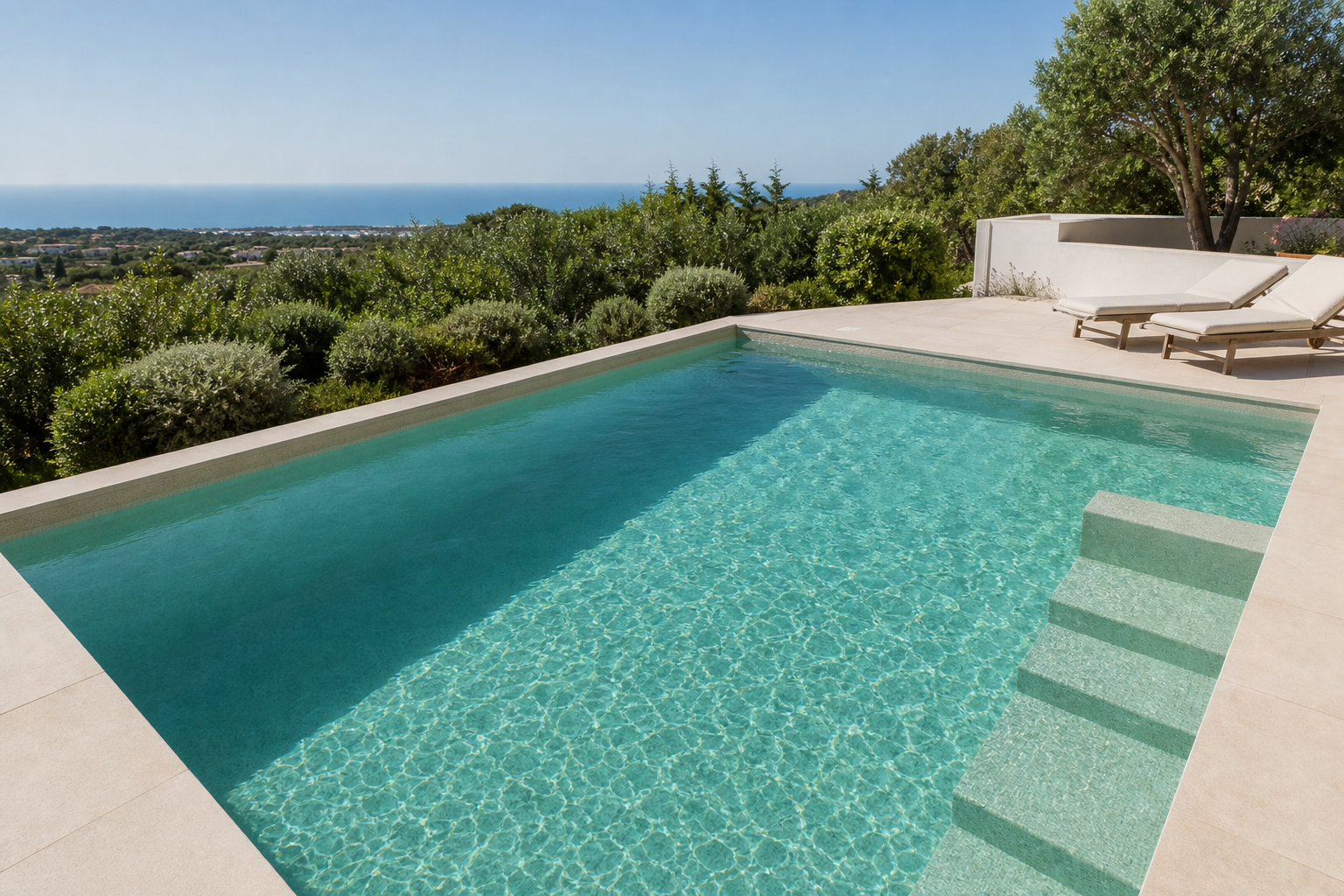 Piscina com liner verde água mediterrânico e aparência natural refinada