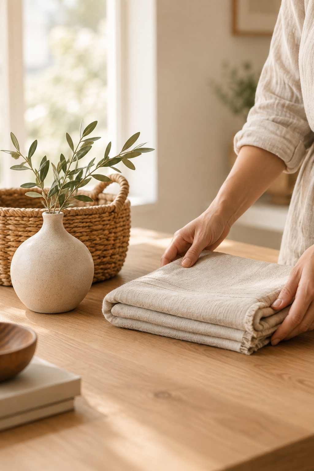 Artisan arranging linen, woven basketry, and ceramic decor on a wooden table in soft morning light