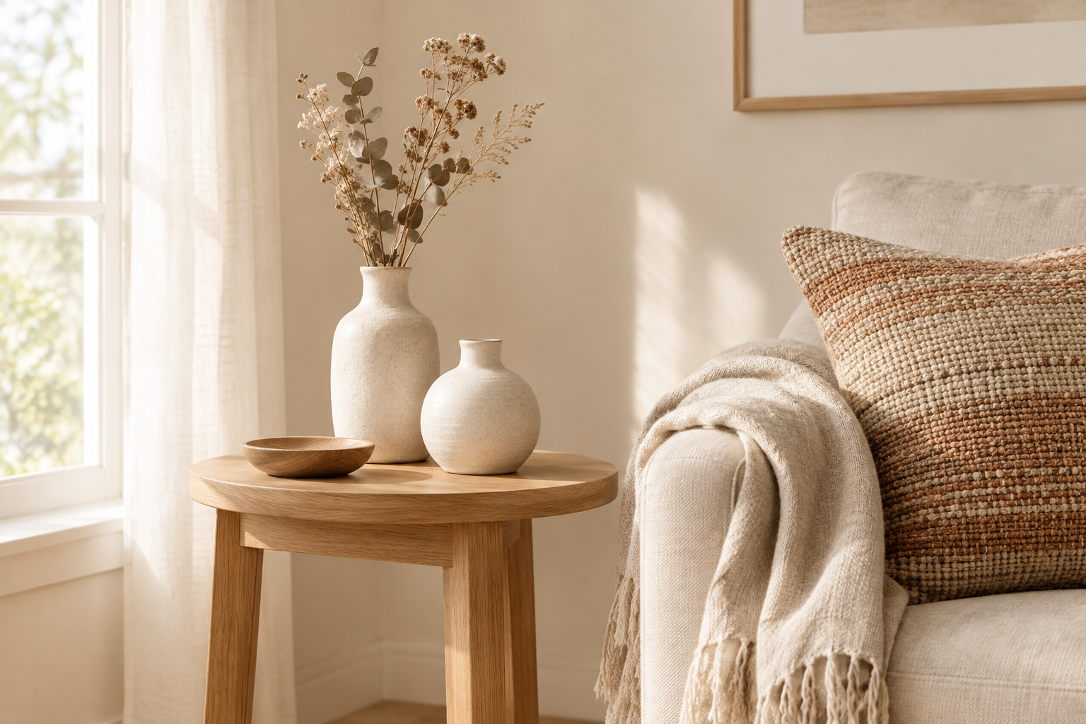 Calm warm-toned interior vignette featuring handmade ceramic vases, woven textiles, a wooden side table, and soft natural light