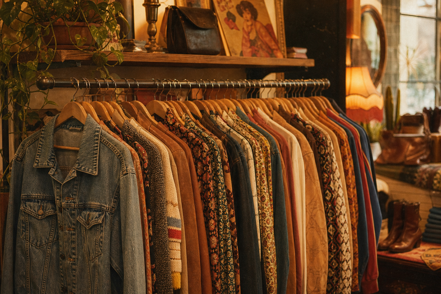 Curated rack of vintage 70s and 80s clothing with denim, leather jackets, and patterned pieces in warm boutique lighting