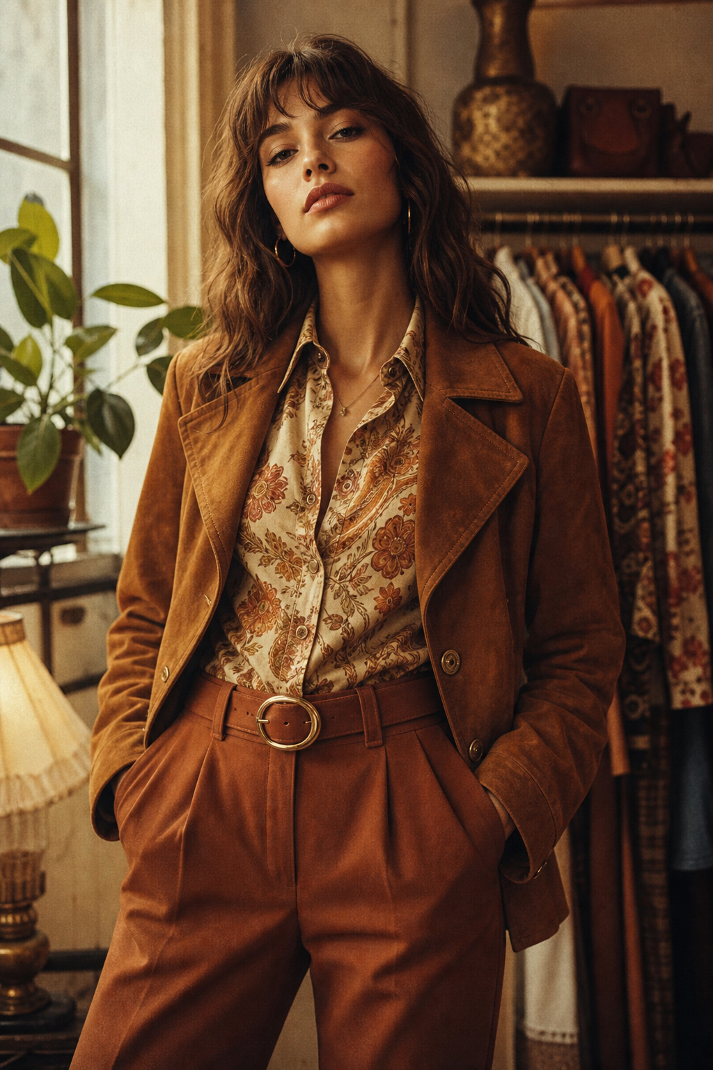 Retro editorial fashion portrait featuring a model in a 70s suede jacket and high-waisted trousers, shot with warm film tones