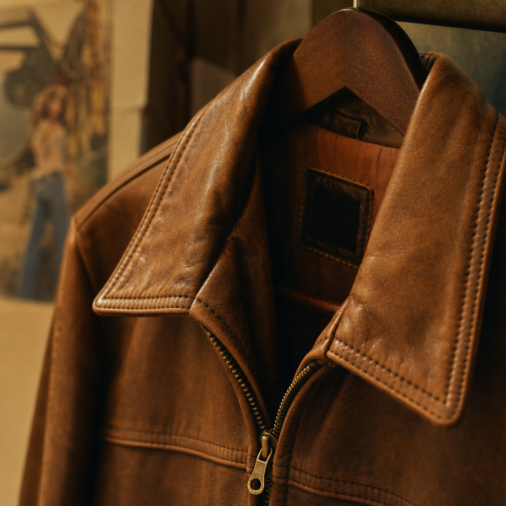 Close-up of a caramel brown leather jacket with brass zipper and worn patina textures