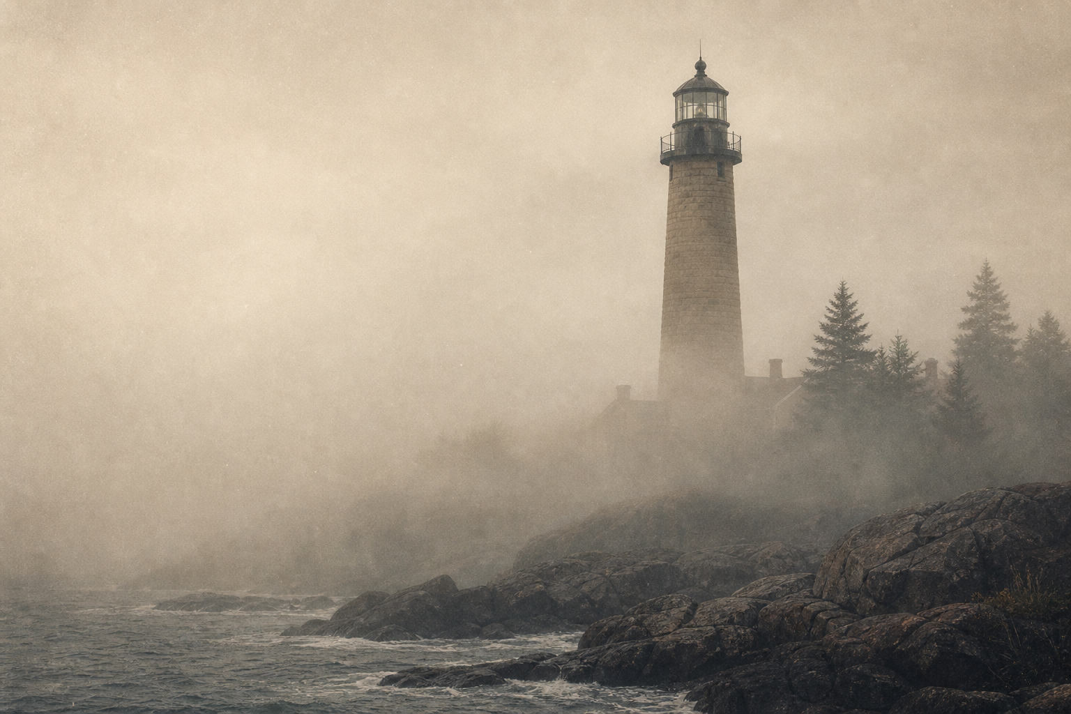 Tall granite lighthouse partially veiled in dense morning fog above a dark tidal shoreline