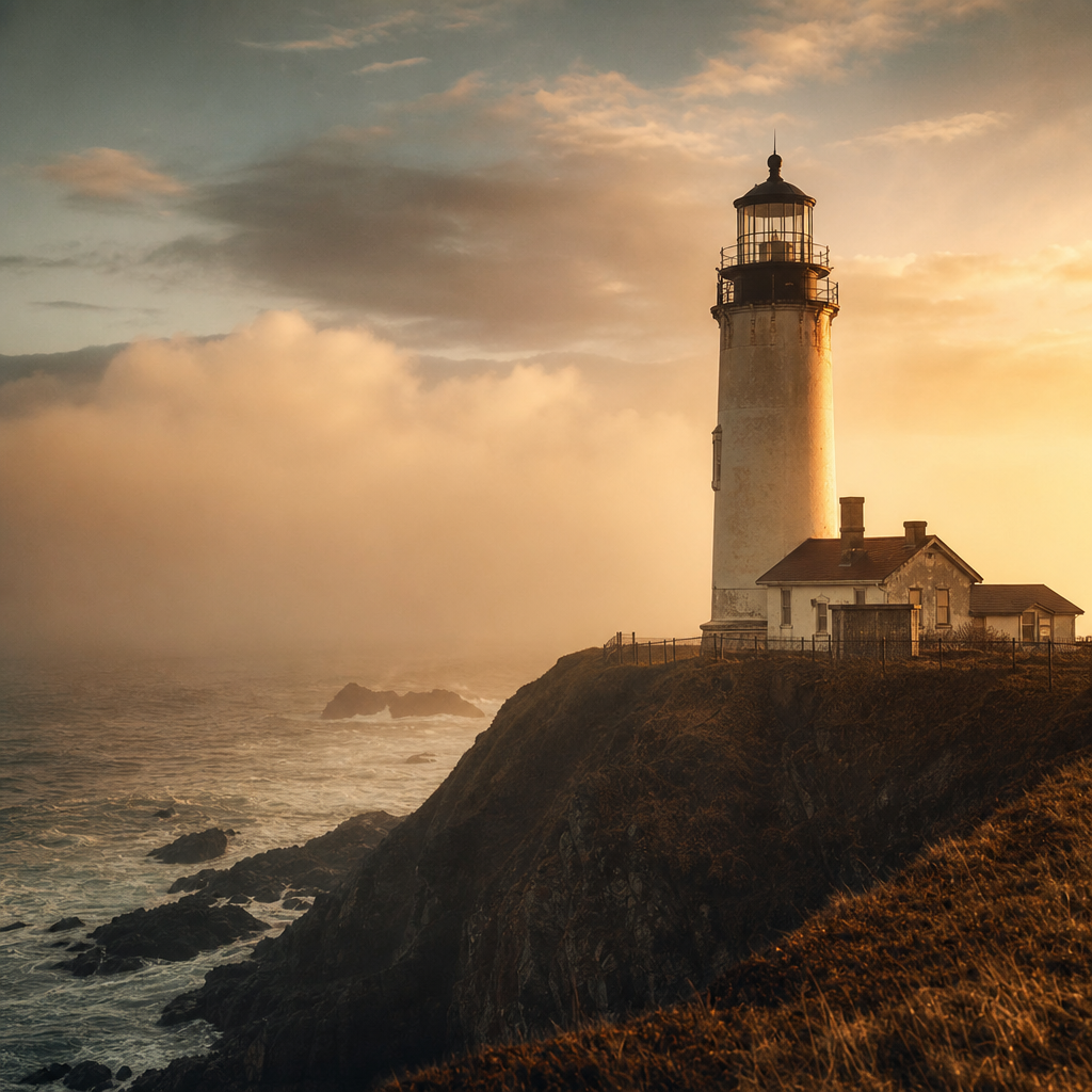 Warm film-style photograph of a solitary lighthouse facing sea fog on a rocky northern coast at golden-hour light