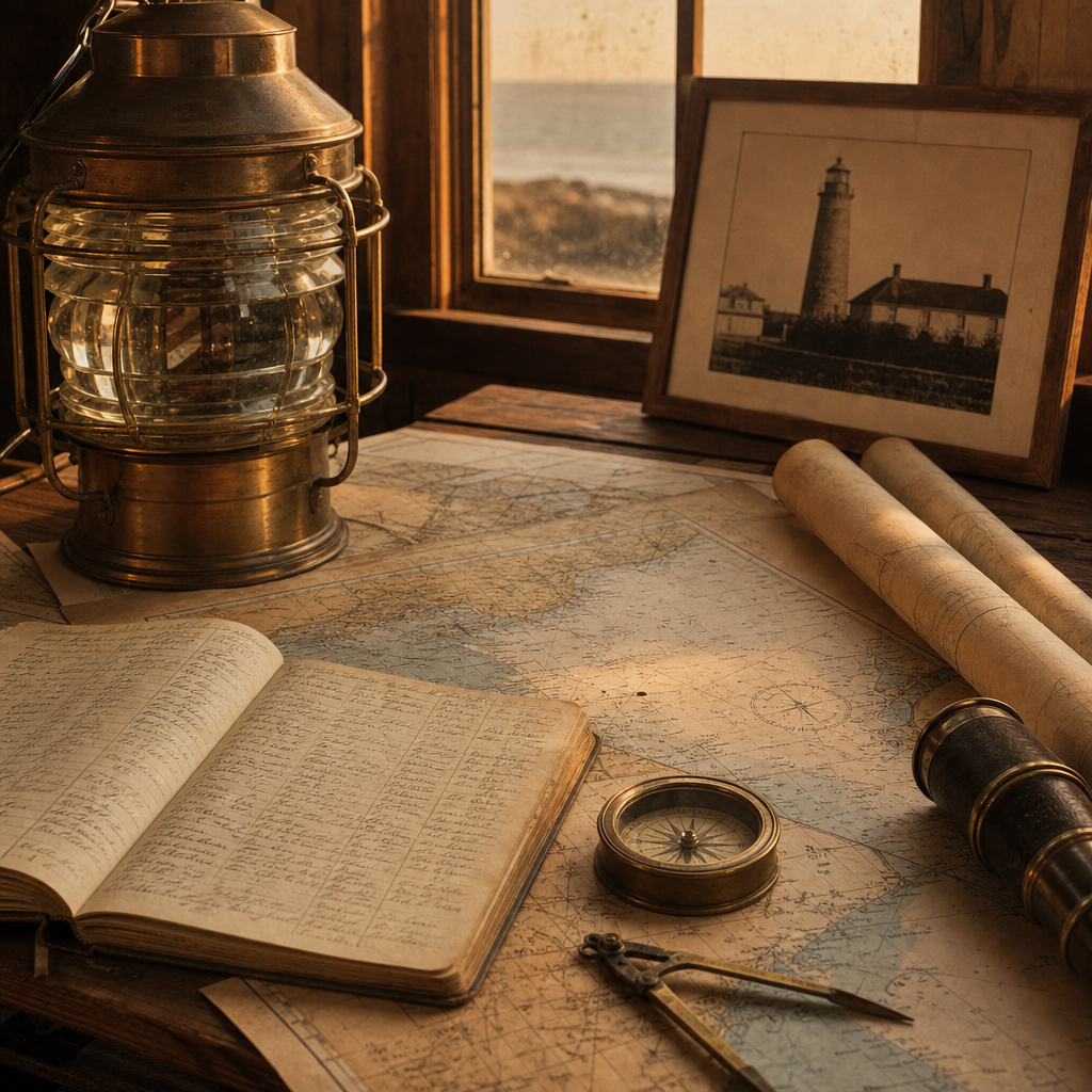 Archival maritime chart beside a brass lighthouse lantern mechanism and a weathered station ledger