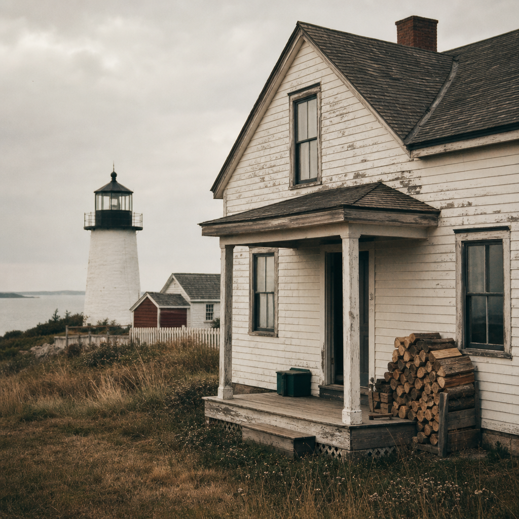Wood-sided keeper dwelling exterior with porch posts, clipped grass, and stacked firewood