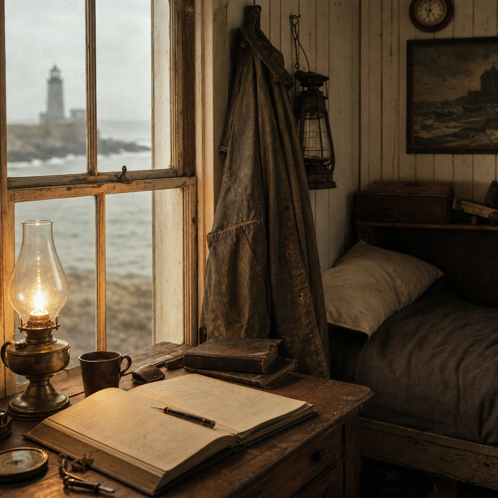 Archival portrait-style interior of a lighthouse keeper room with an oil lamp, weathered desk, hanging coats, and a logbook near a rain-streaked window