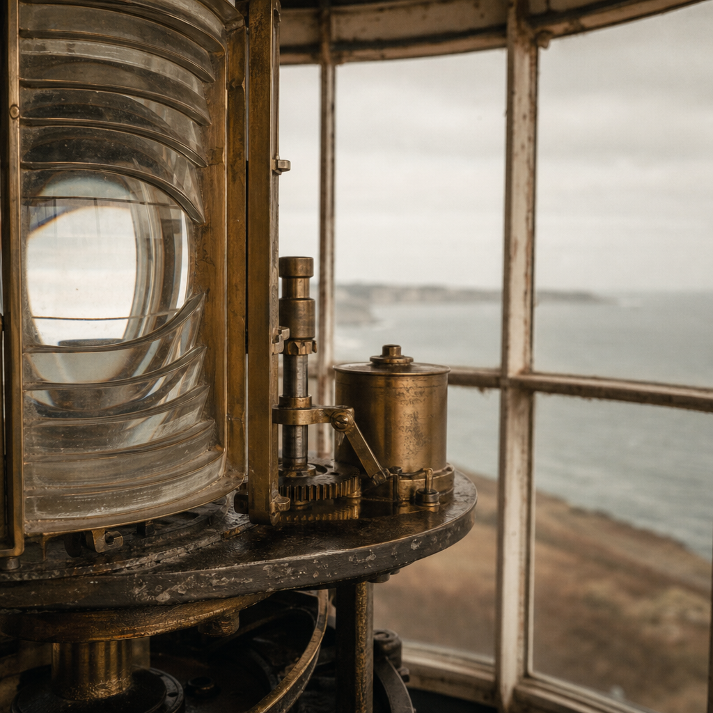 Close archival view of a brass and glass lantern room mechanism with weathered metal framing