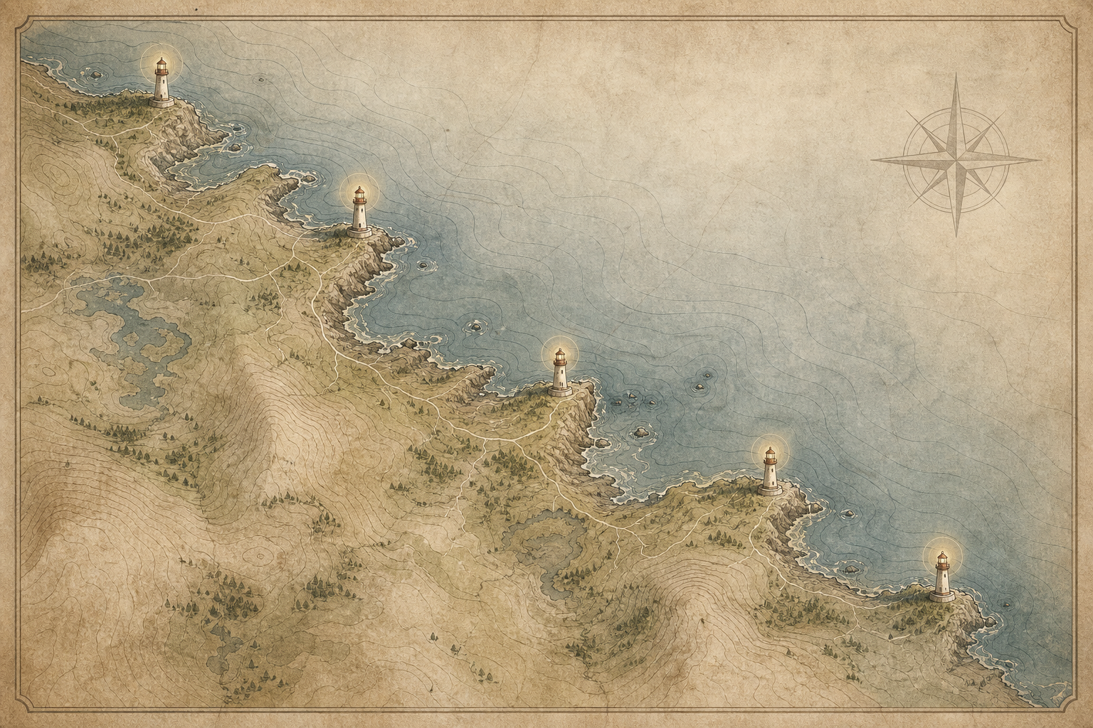 Illustrated coastal map of the northern shoreline with contour lines, muted topographic texture, and preserved lighthouse beacon markers
