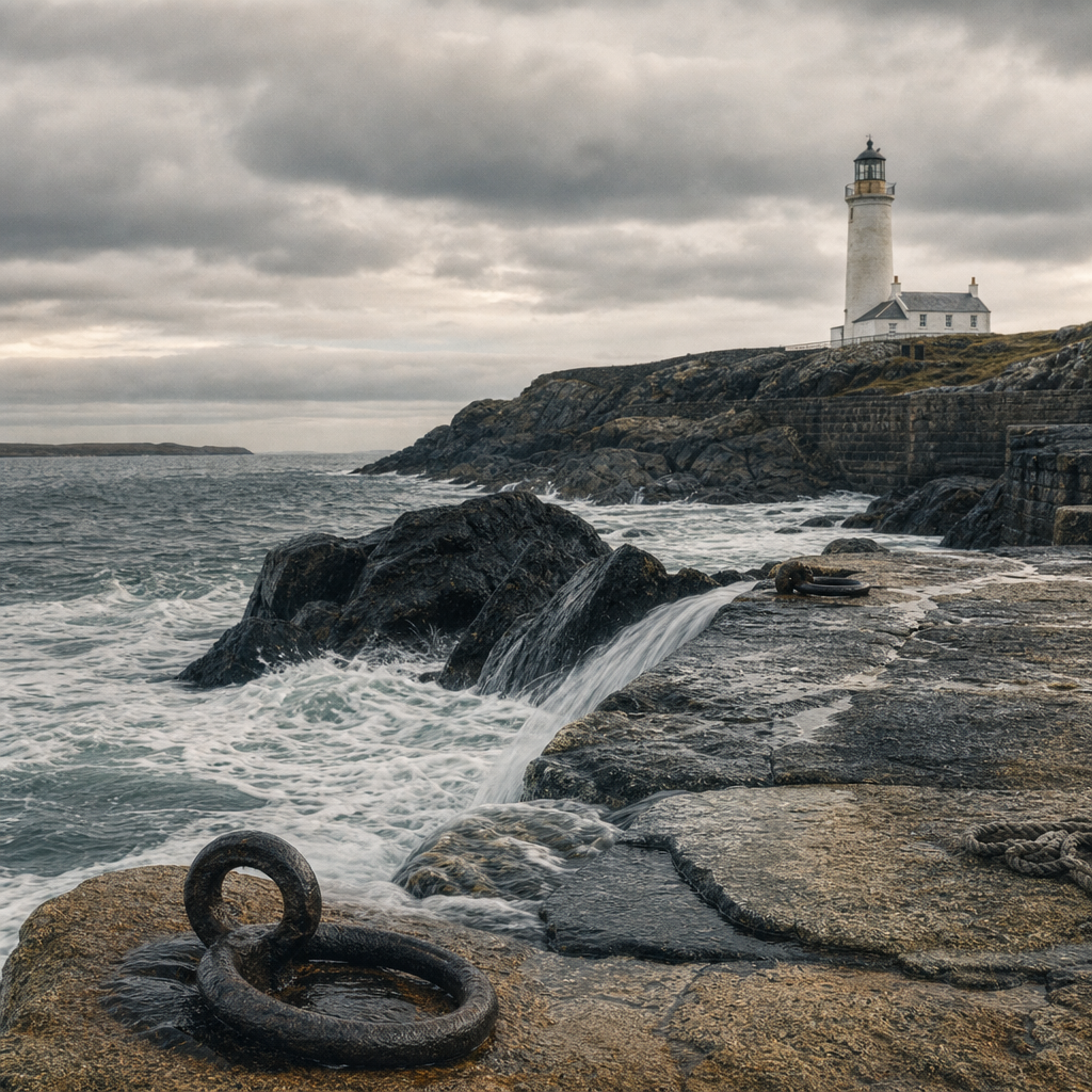 Rugged stone landing with wet black rocks, mooring rings, and cold surf washing in