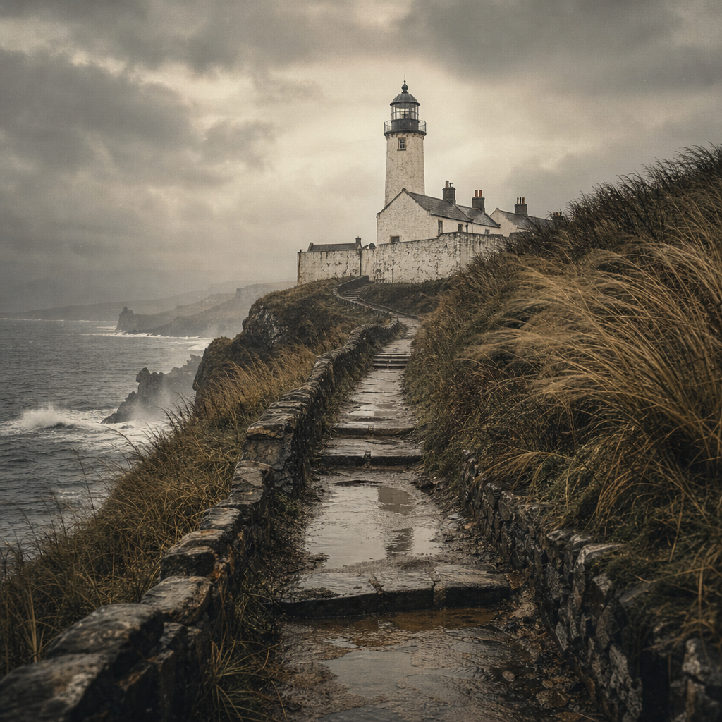 Narrow coast path soaked by storm spray with bent grass and puddled stone steps