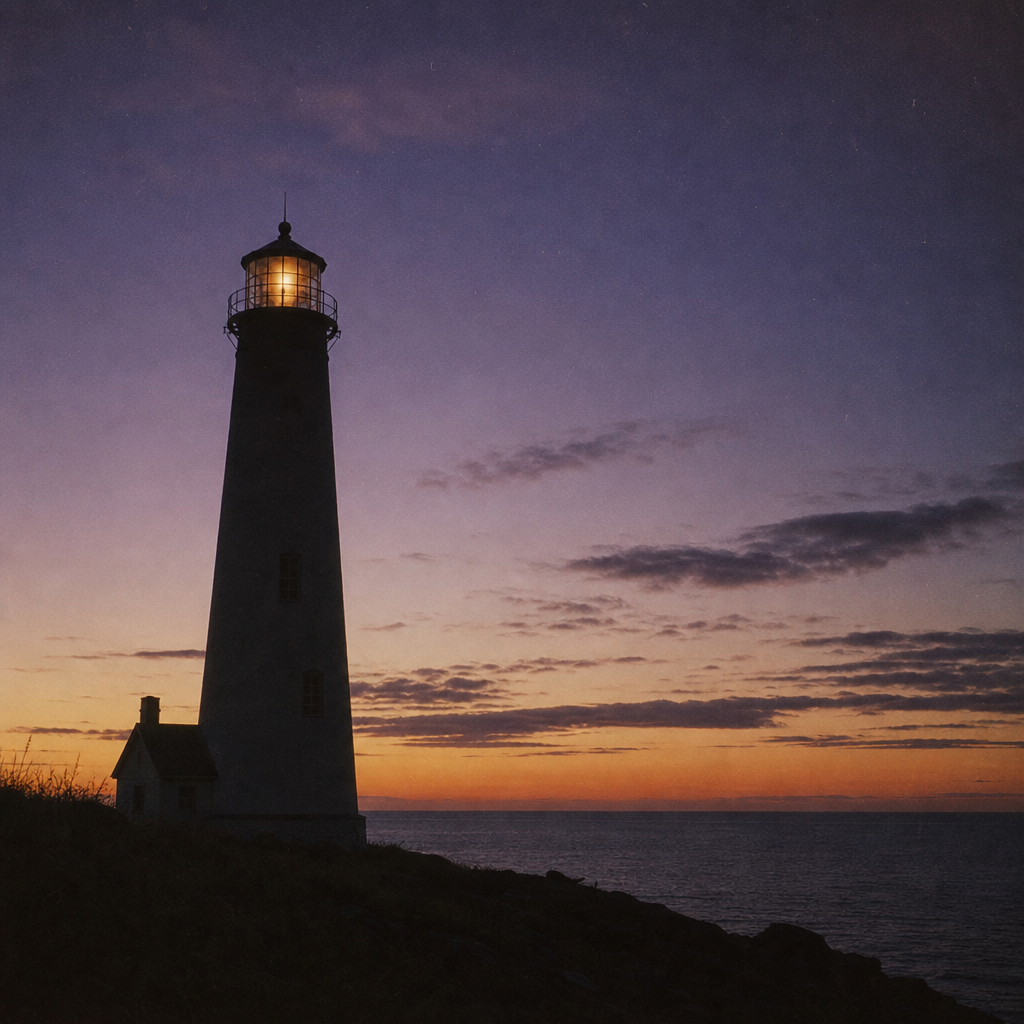 Slender lighthouse tower as a dark silhouette against violet dusk sky and dim horizon glow
