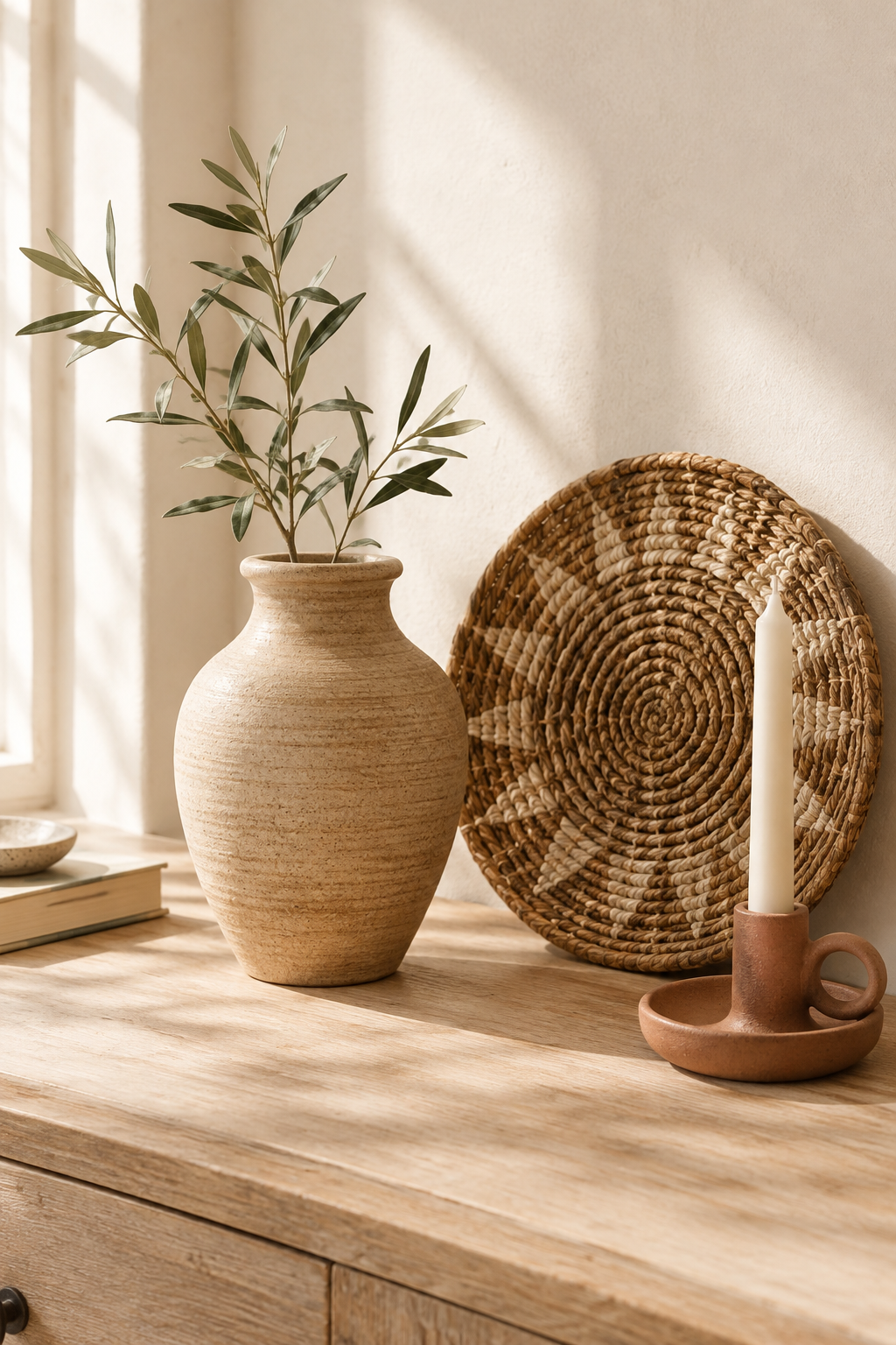 Styled handmade home decor scene with warm ceramic, woven texture, and natural light on a neutral interior surface