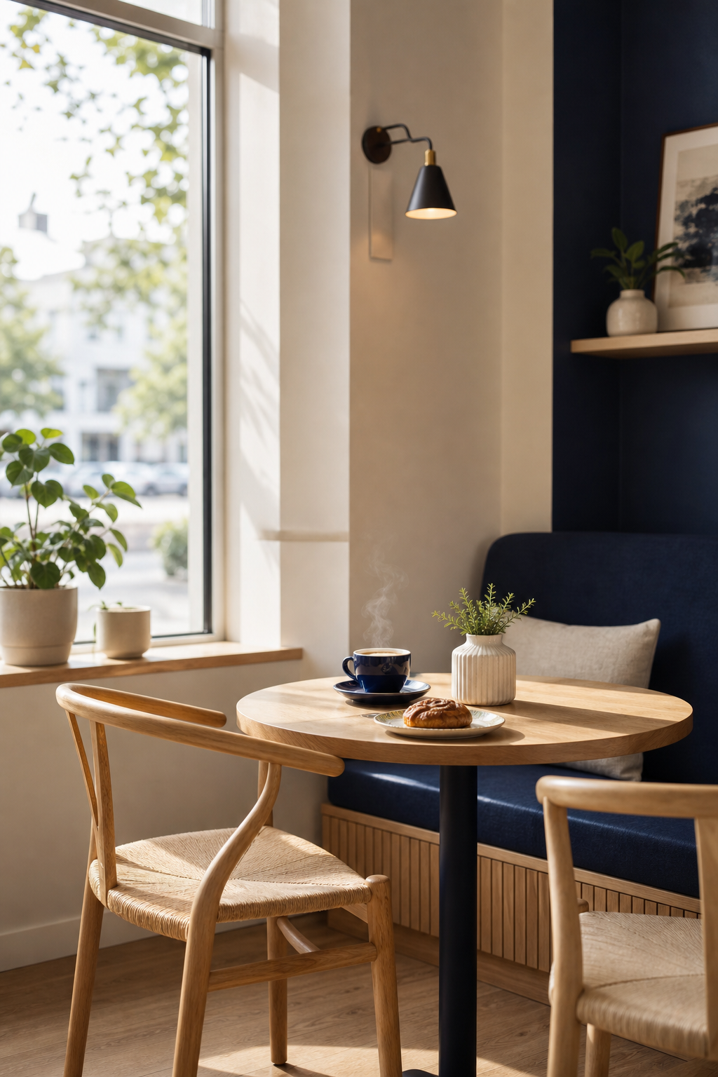 Cozy corner of North Dock Coffee with light wood tables, navy accents, and morning sunlight streaming through large windows