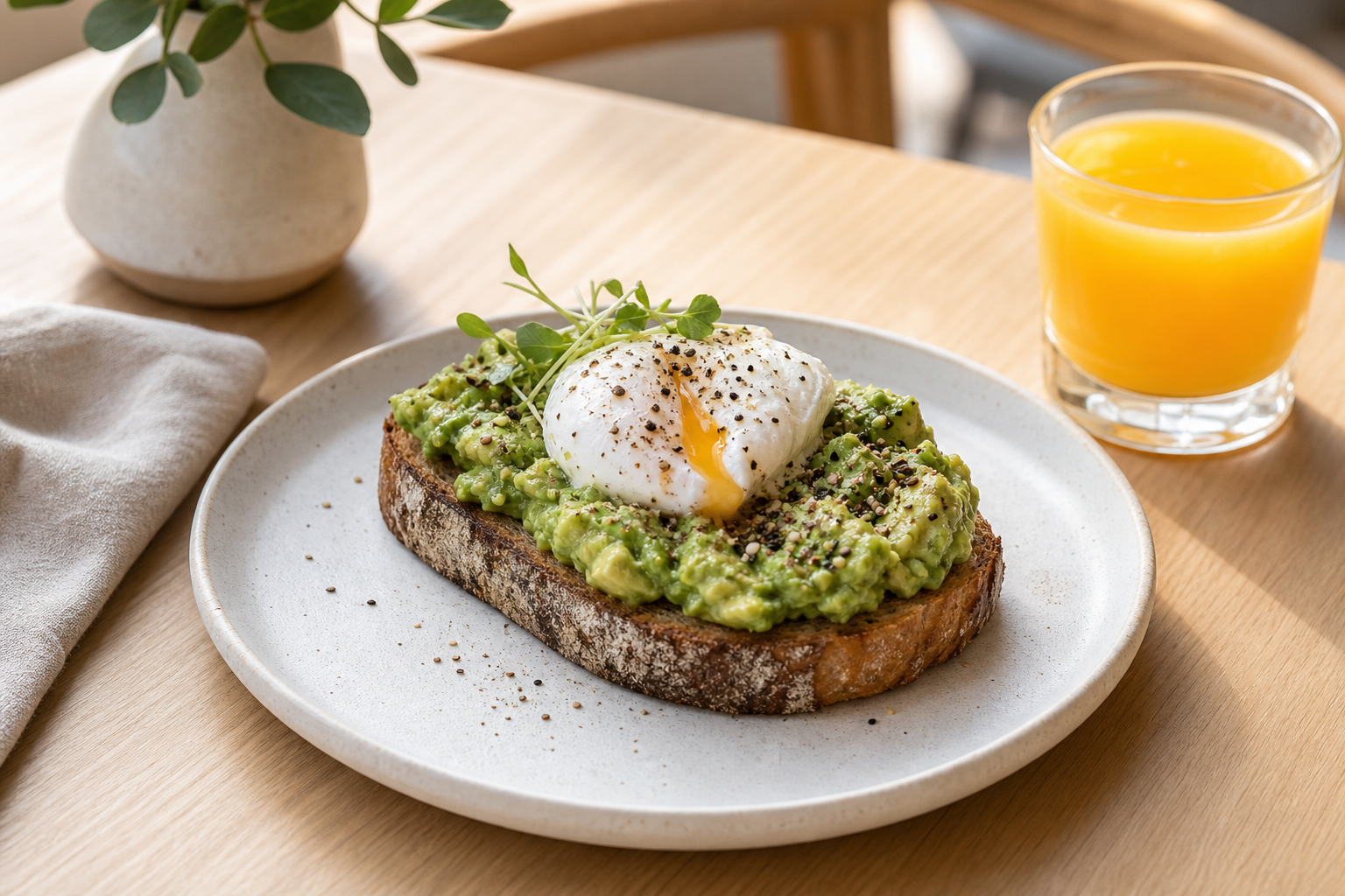 Avocado toast with a poached egg on a white plate beside a glass of orange juice